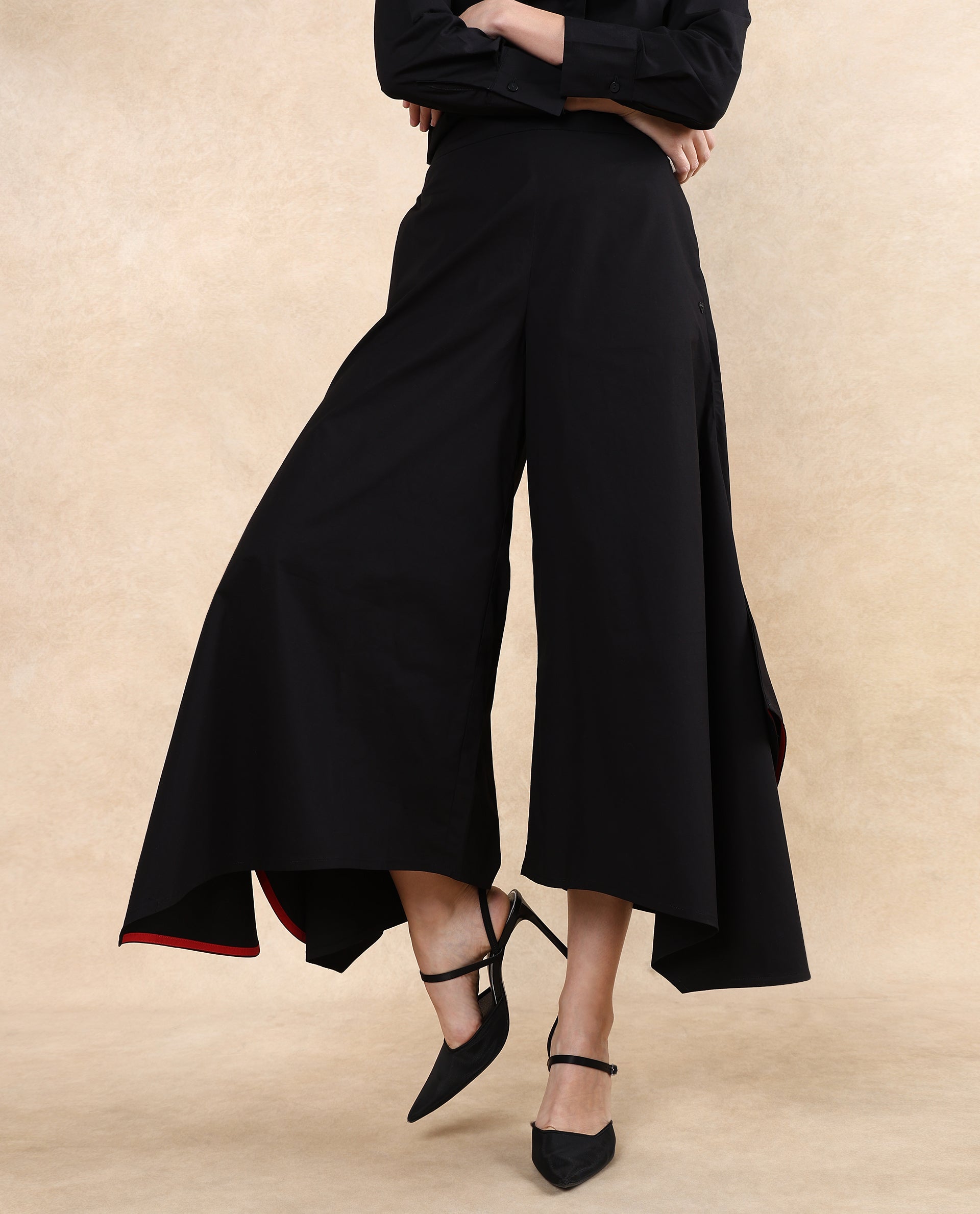 Rareism Women Filom Black Cotton Blend Fabric Flared Ankle Length Plain Trouser