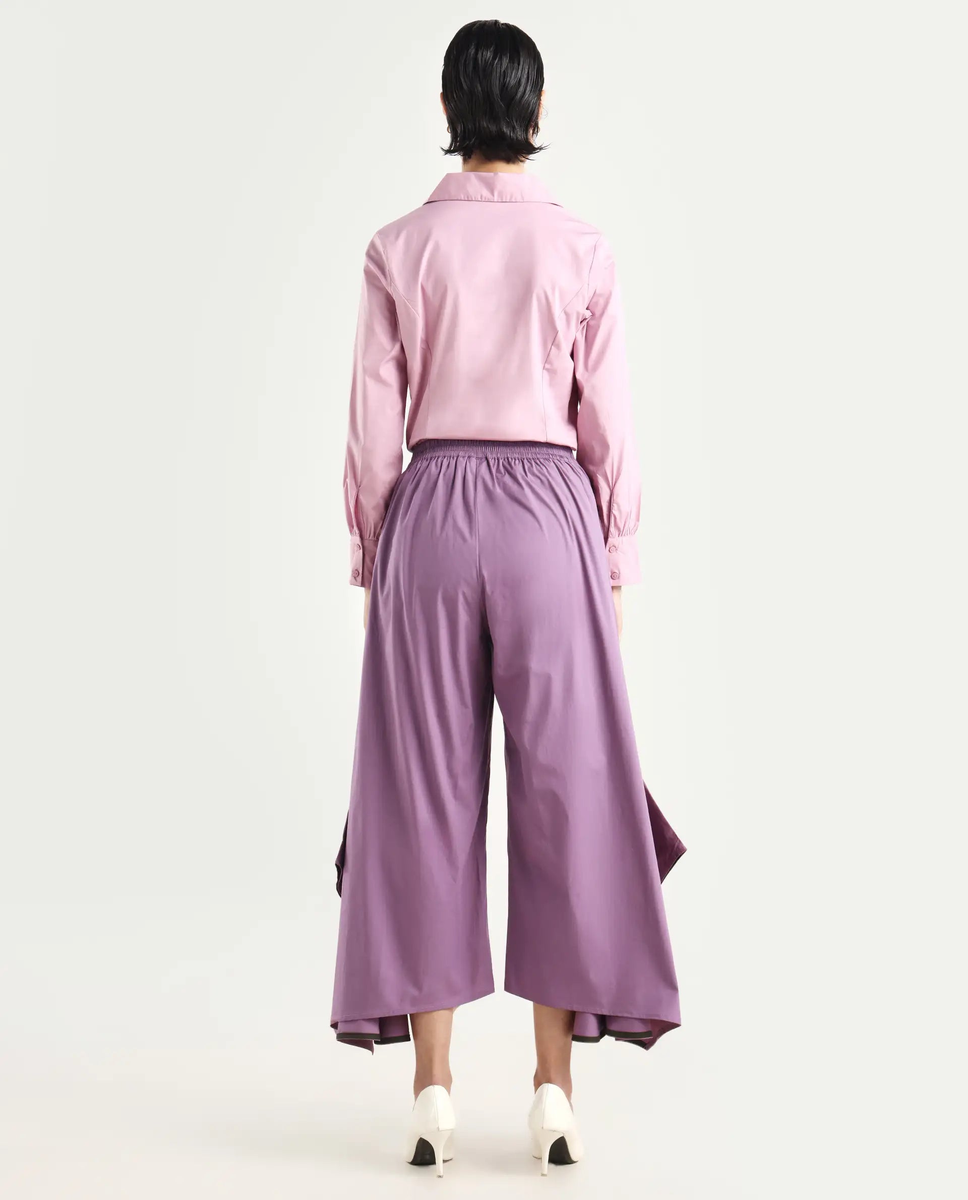 Rareism Women's Filom Dusky Purple Cotton Blend Plain Ankle Length Flared Trouser