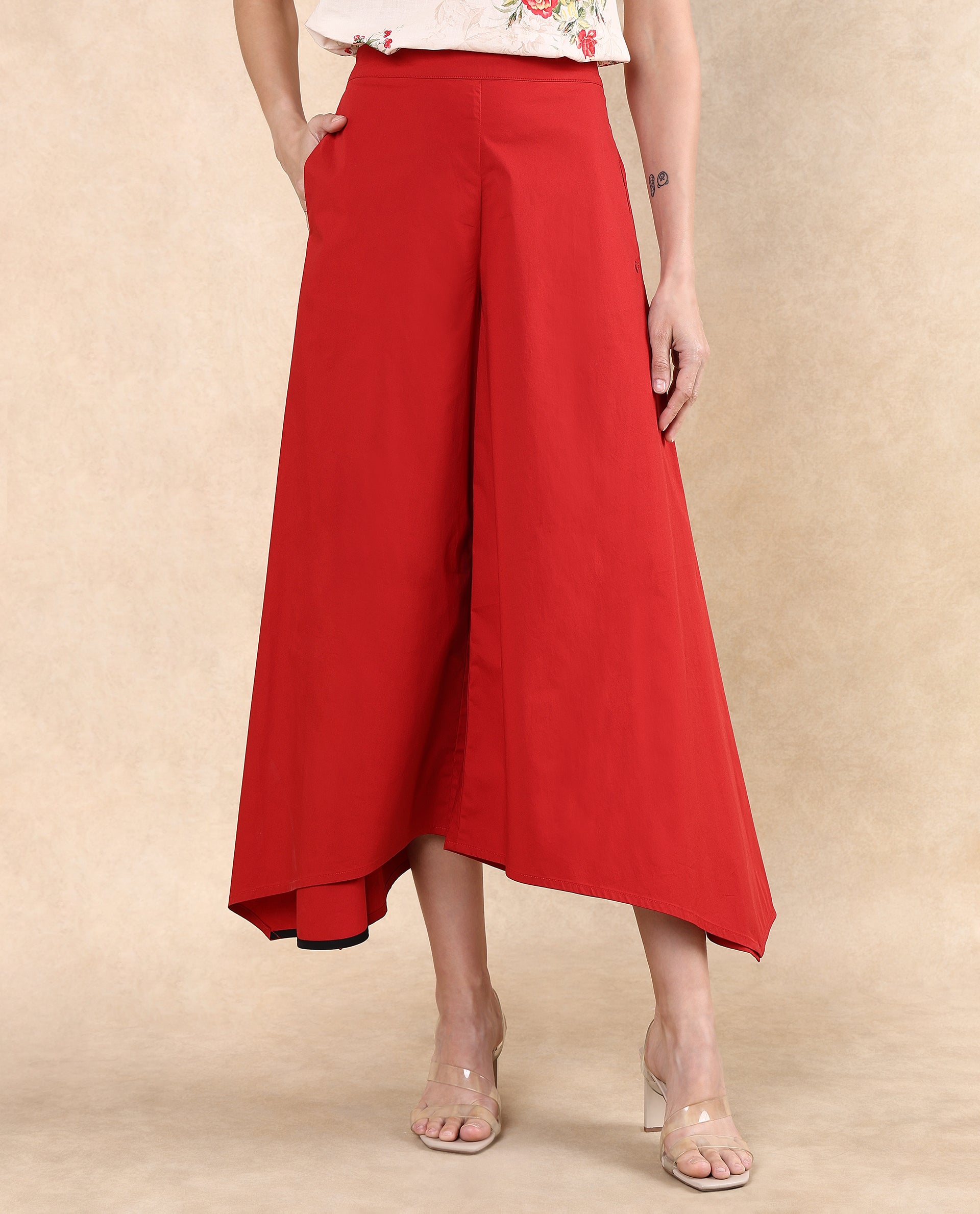 Rareism Women Filom Red Cotton Blend Fabric Flared Ankle Length Plain Trouser