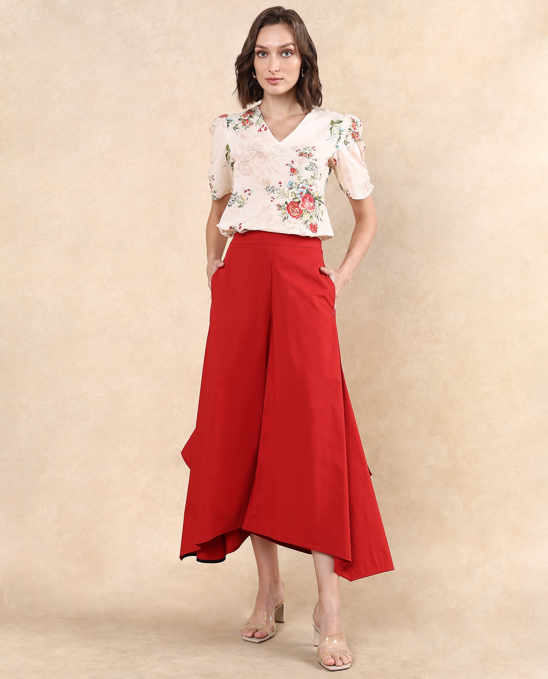 Rareism Women Filom Red Cotton Blend Fabric Flared Ankle Length Plain Trouser