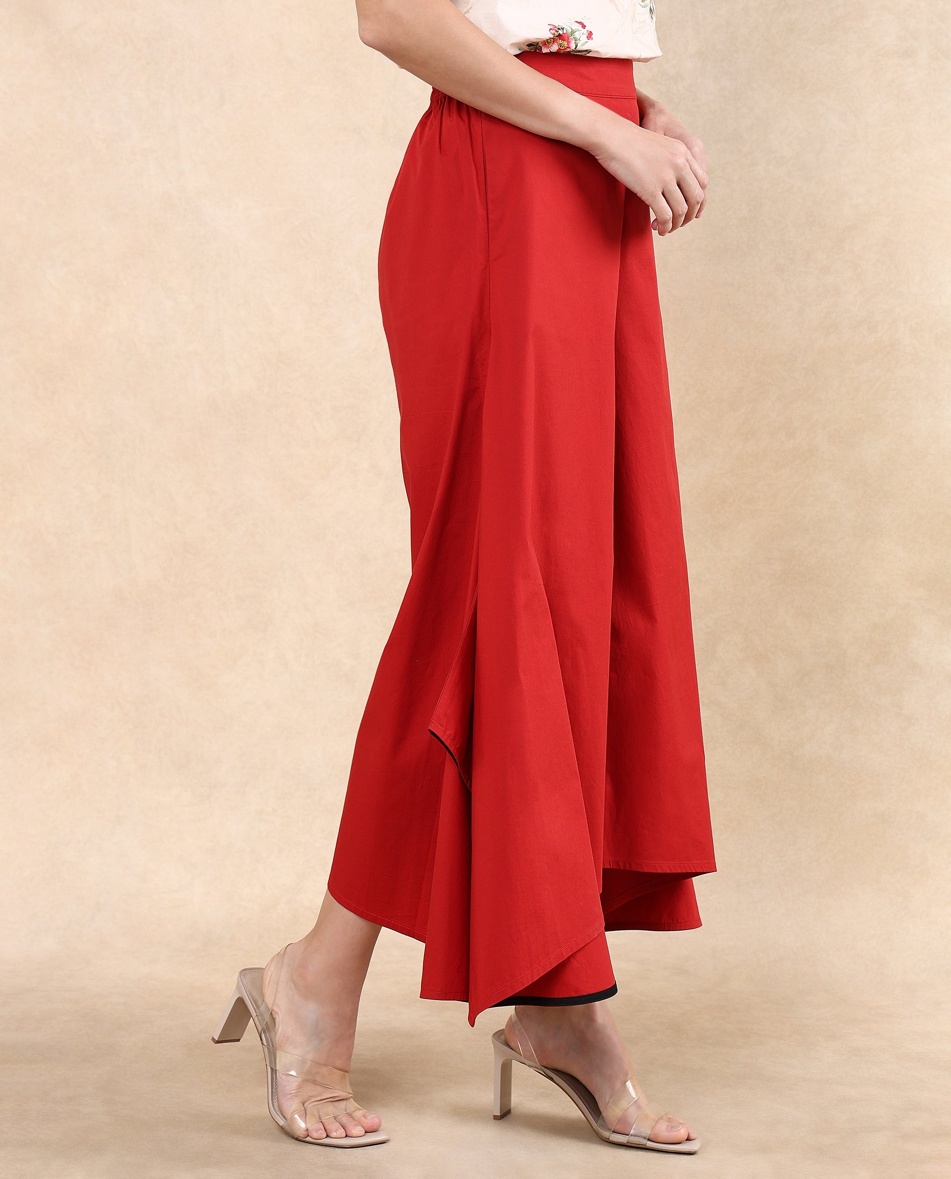 Rareism Women Filom Red Cotton Blend Fabric Flared Ankle Length Plain Trouser