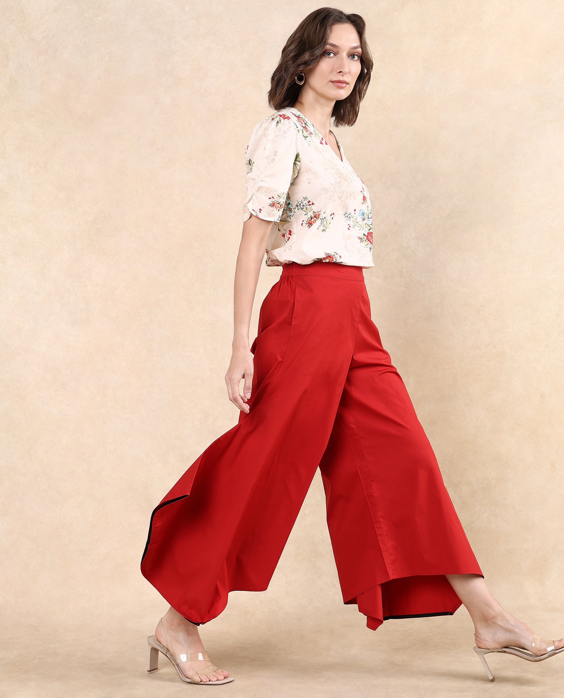 Rareism Women Filom Red Cotton Blend Fabric Flared Ankle Length Plain Trouser