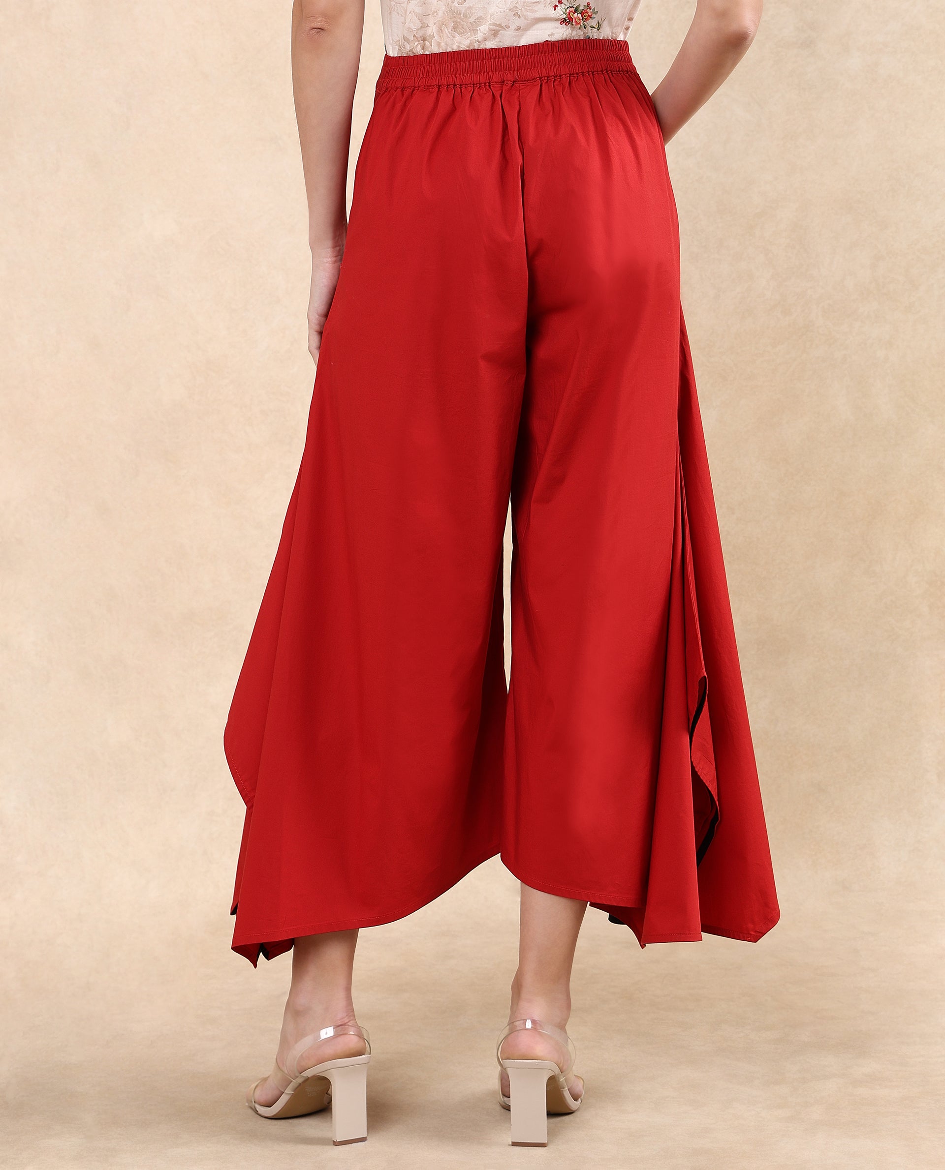 Rareism Women Filom Red Cotton Blend Fabric Flared Ankle Length Plain Trouser