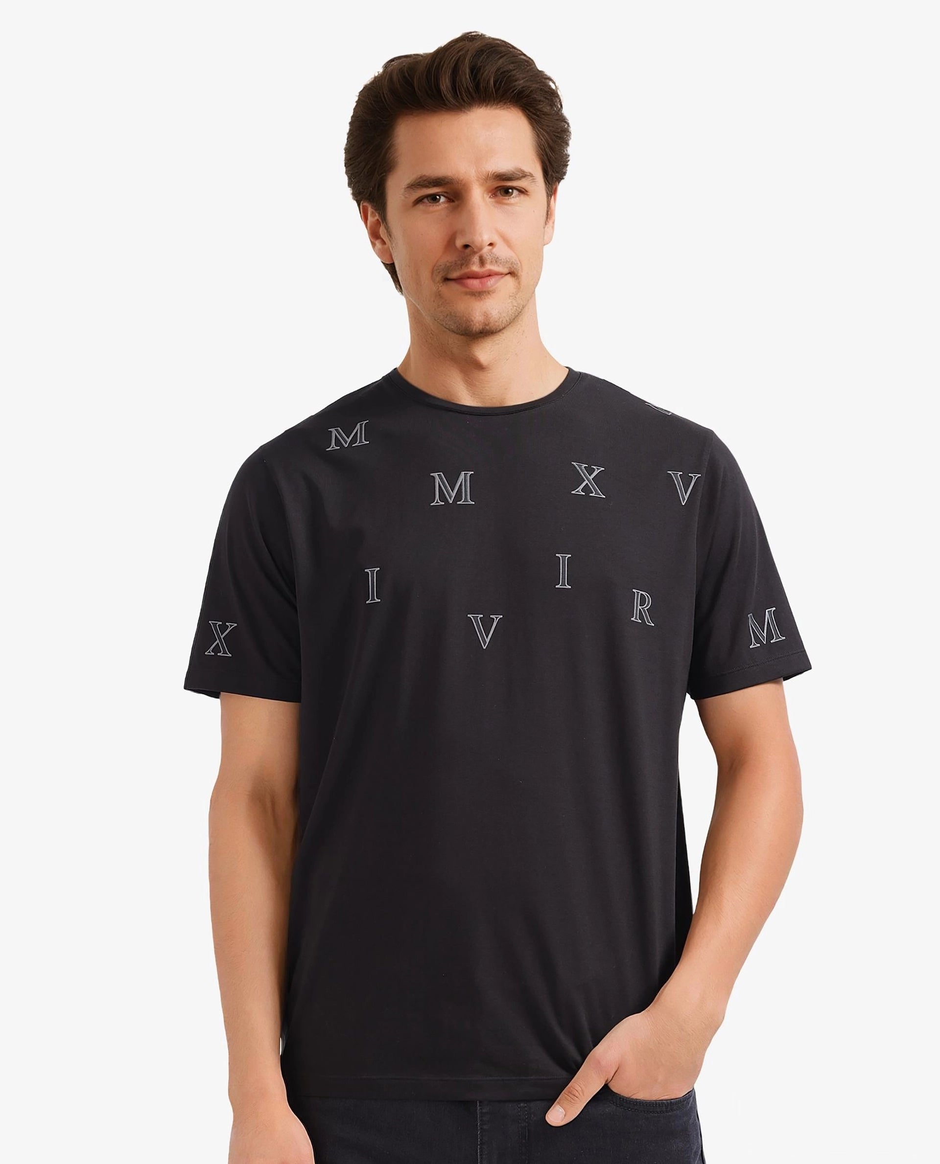 Rare Rabbit Men Fin Black Short Sleeves Crew Neck HD Print T-Shirt