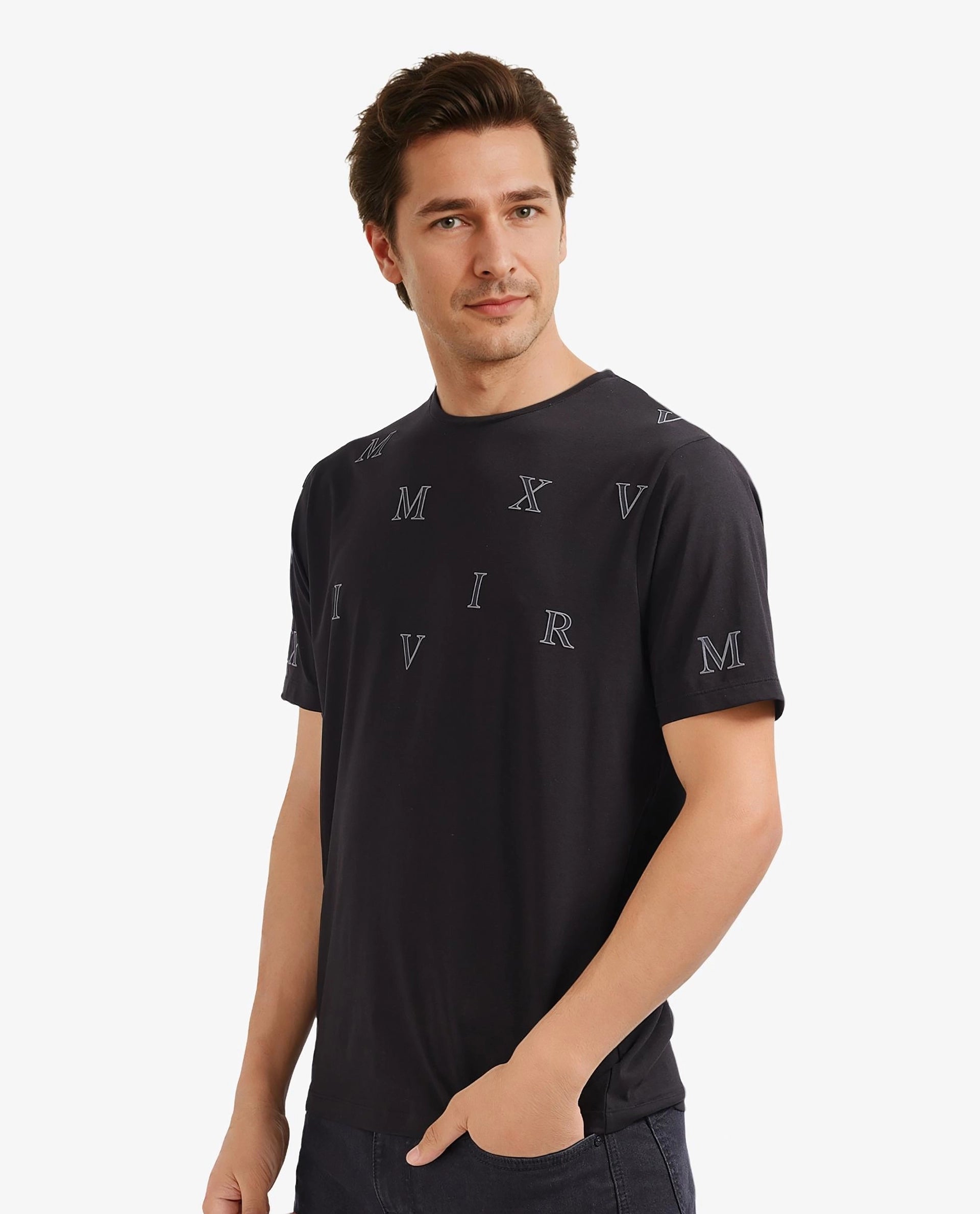 Rare Rabbit Men Fin Black Short Sleeves Crew Neck HD Print T-Shirt