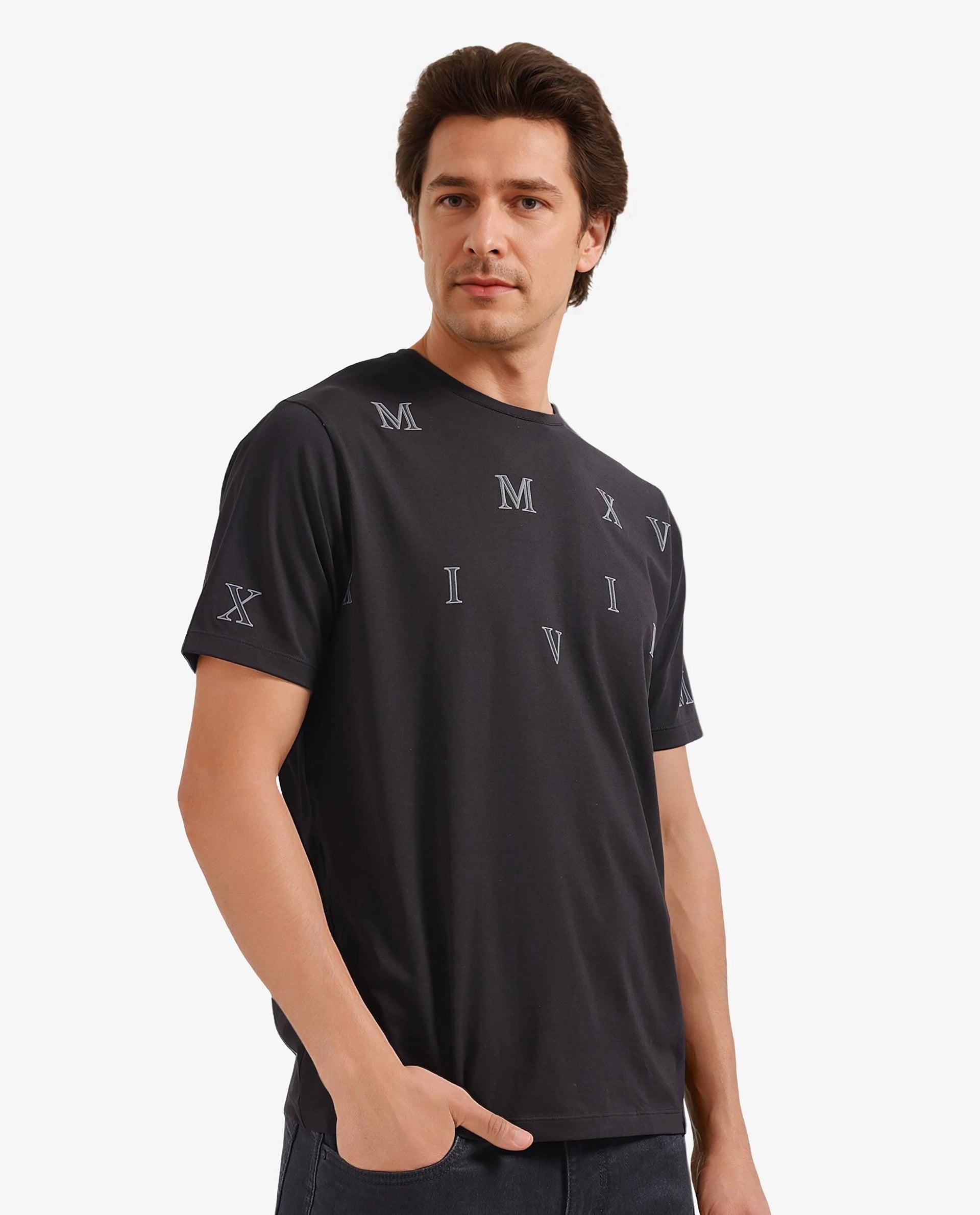 Rare Rabbit Men Fin Black Short Sleeves Crew Neck HD Print T-Shirt