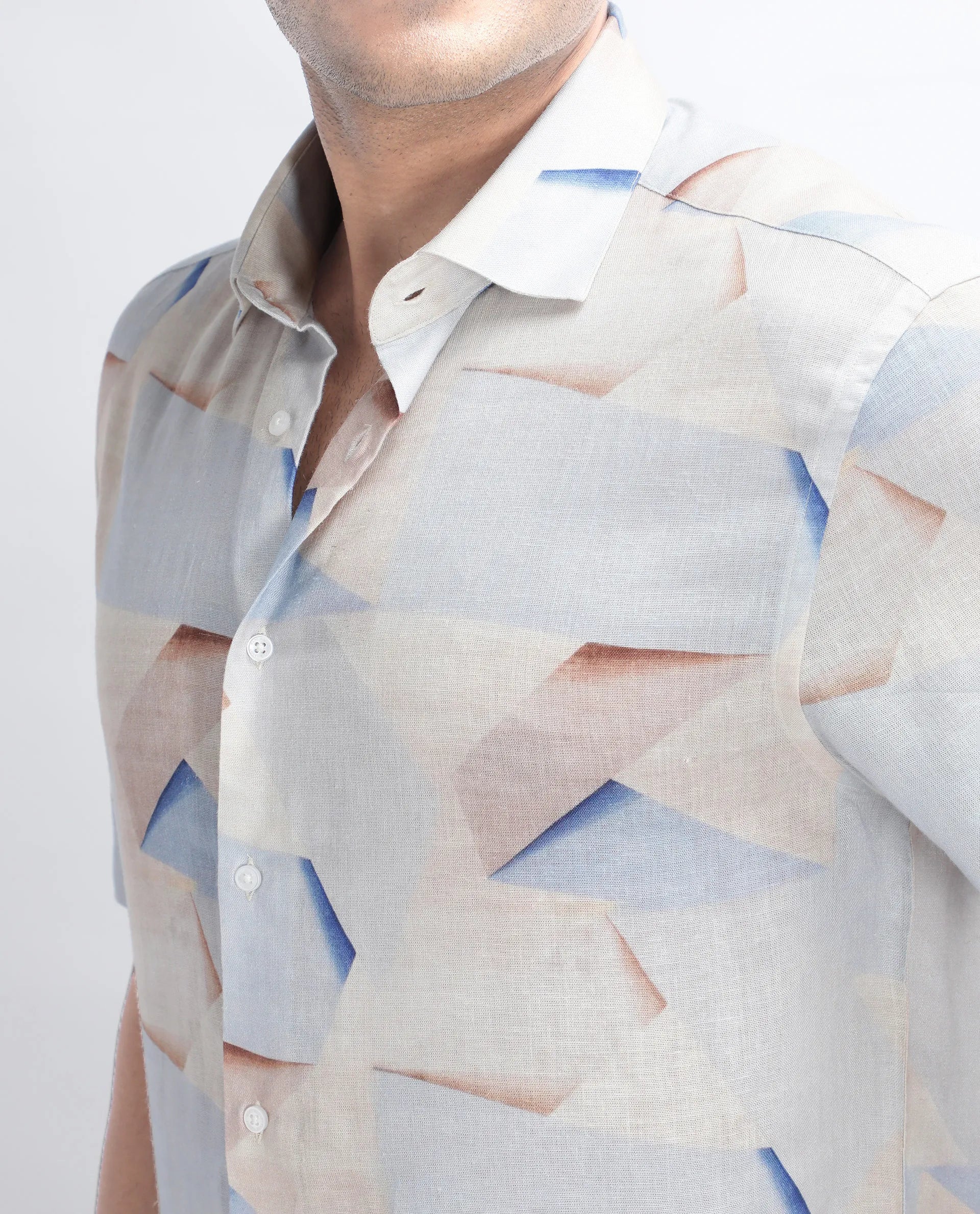 Rare Rabbit Men's Fing Beige Cotton Abstract Print Regular Fit Half Sleeve Collared Shirt