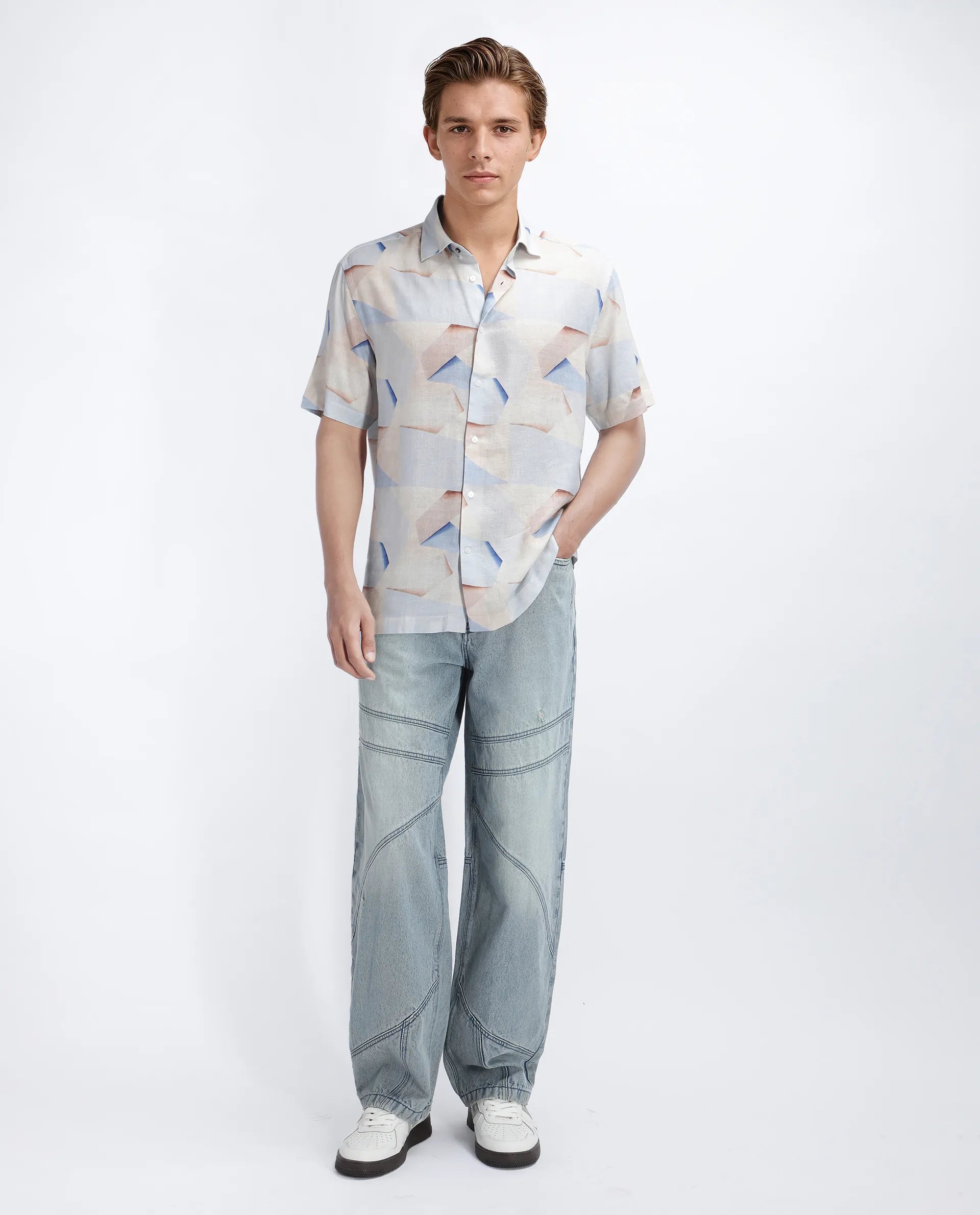 Rare Rabbit Men's Fing Beige Cotton Abstract Print Regular Fit Half Sleeve Collared Shirt