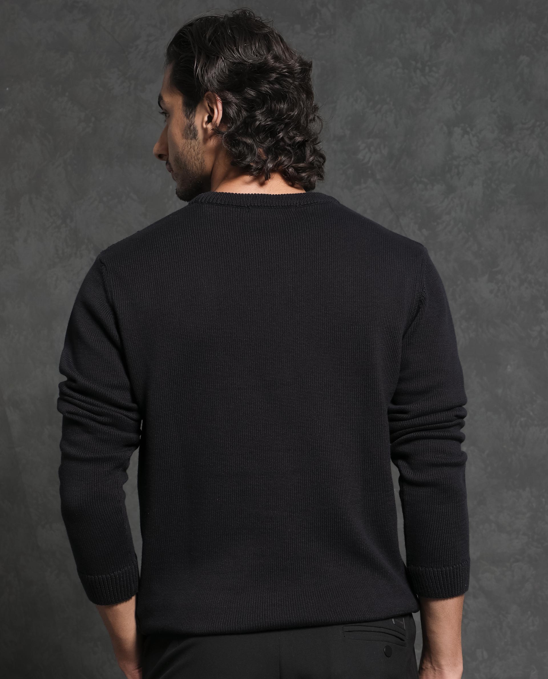 Rare Rabbit Mens Fink Black Cotton Polyester Fabric Crew Neck Relaxed Fit Monogram Jacquard Sweater