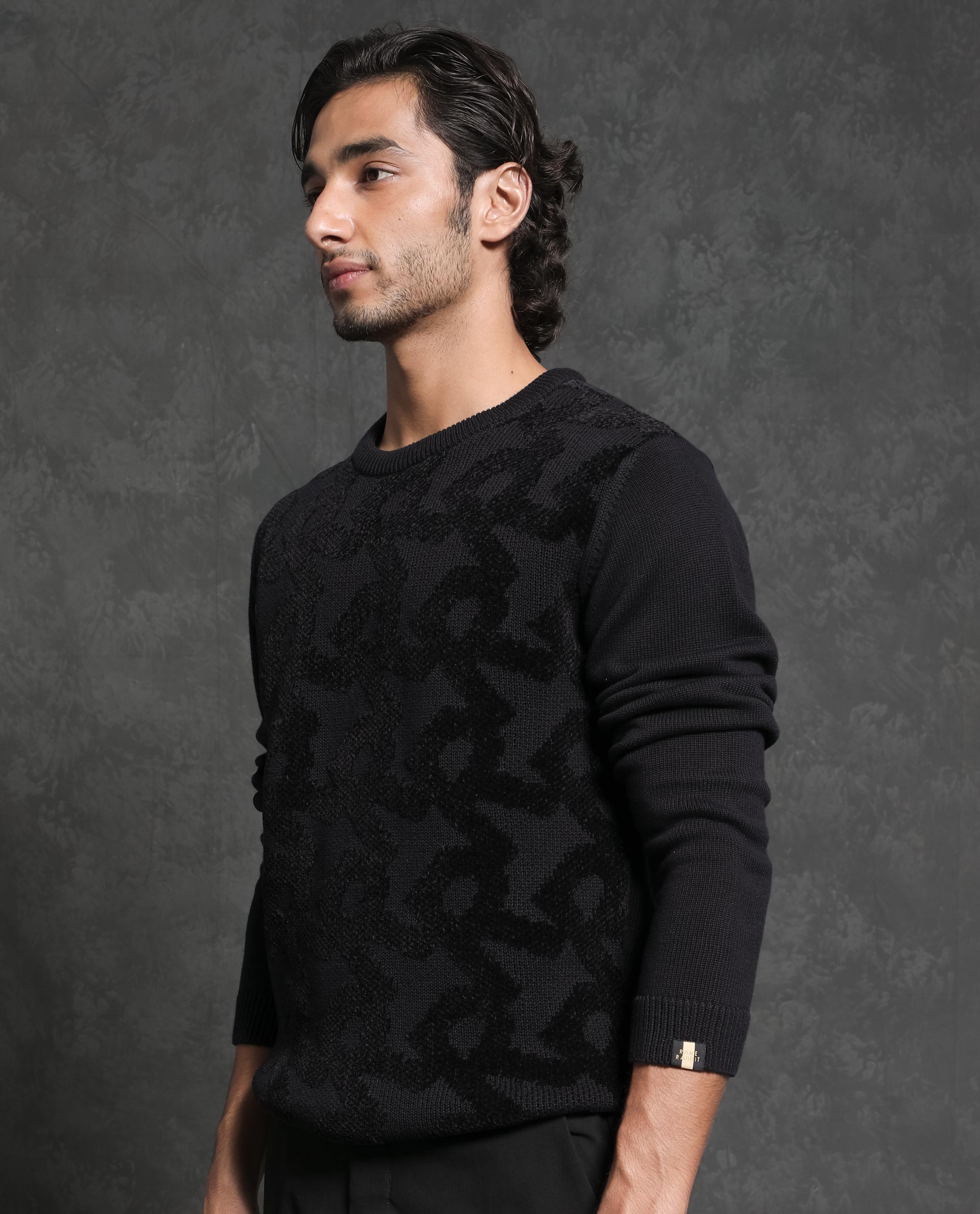 Rare Rabbit Mens Fink Black Cotton Polyester Fabric Crew Neck Relaxed Fit Monogram Jacquard Sweater
