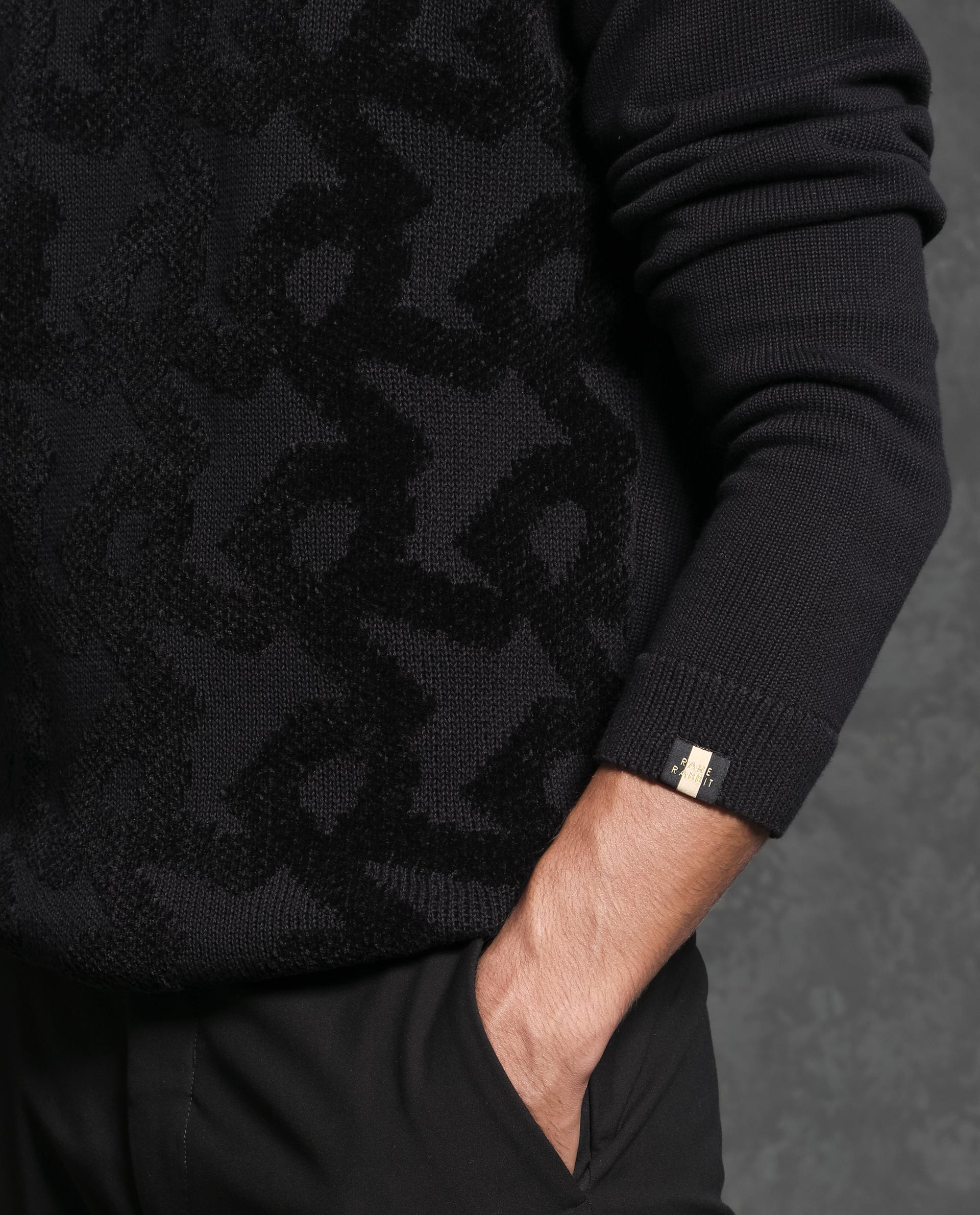 Rare Rabbit Mens Fink Black Cotton Polyester Fabric Crew Neck Relaxed Fit Monogram Jacquard Sweater