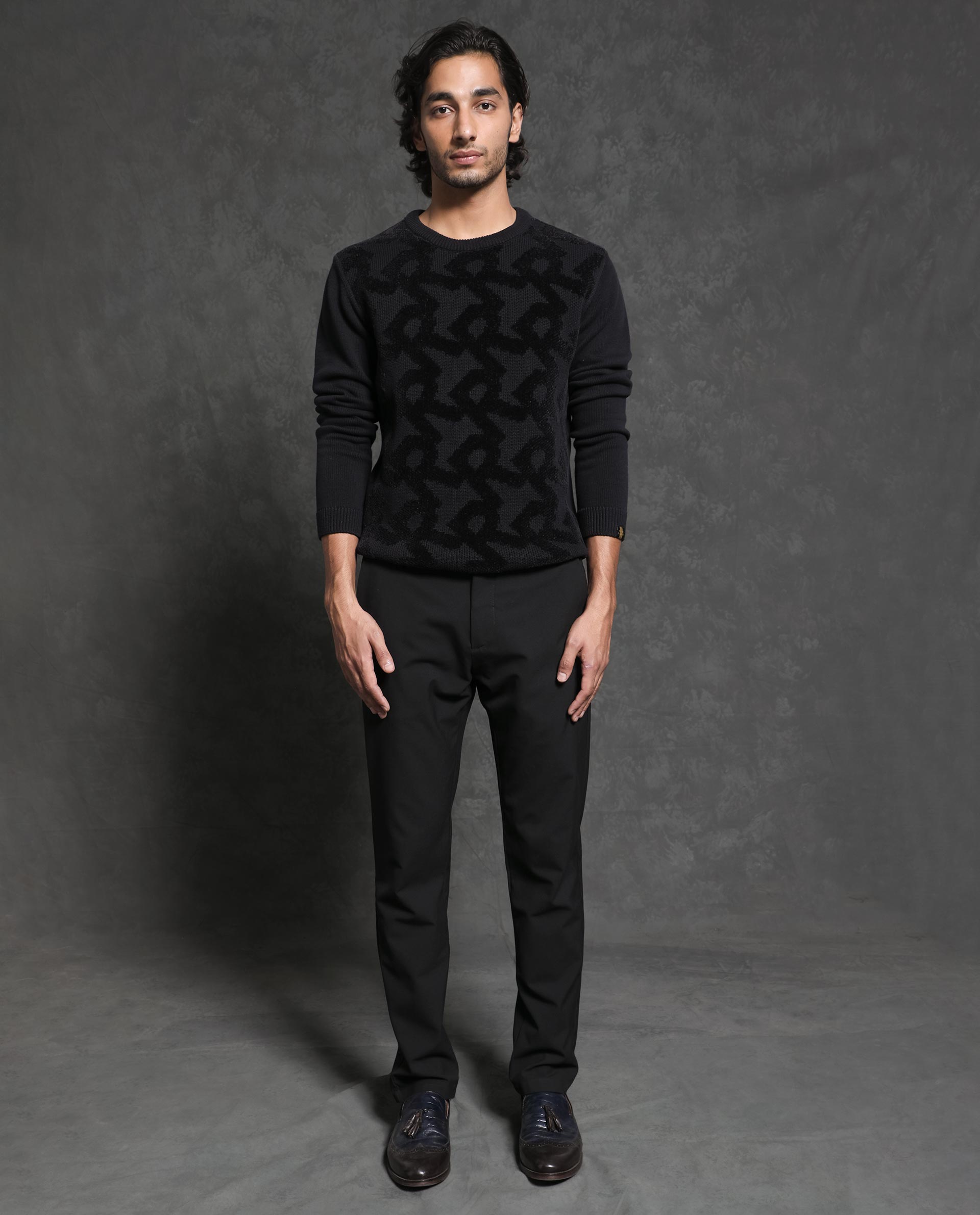 Rare Rabbit Mens Fink Black Cotton Polyester Fabric Crew Neck Relaxed Fit Monogram Jacquard Sweater