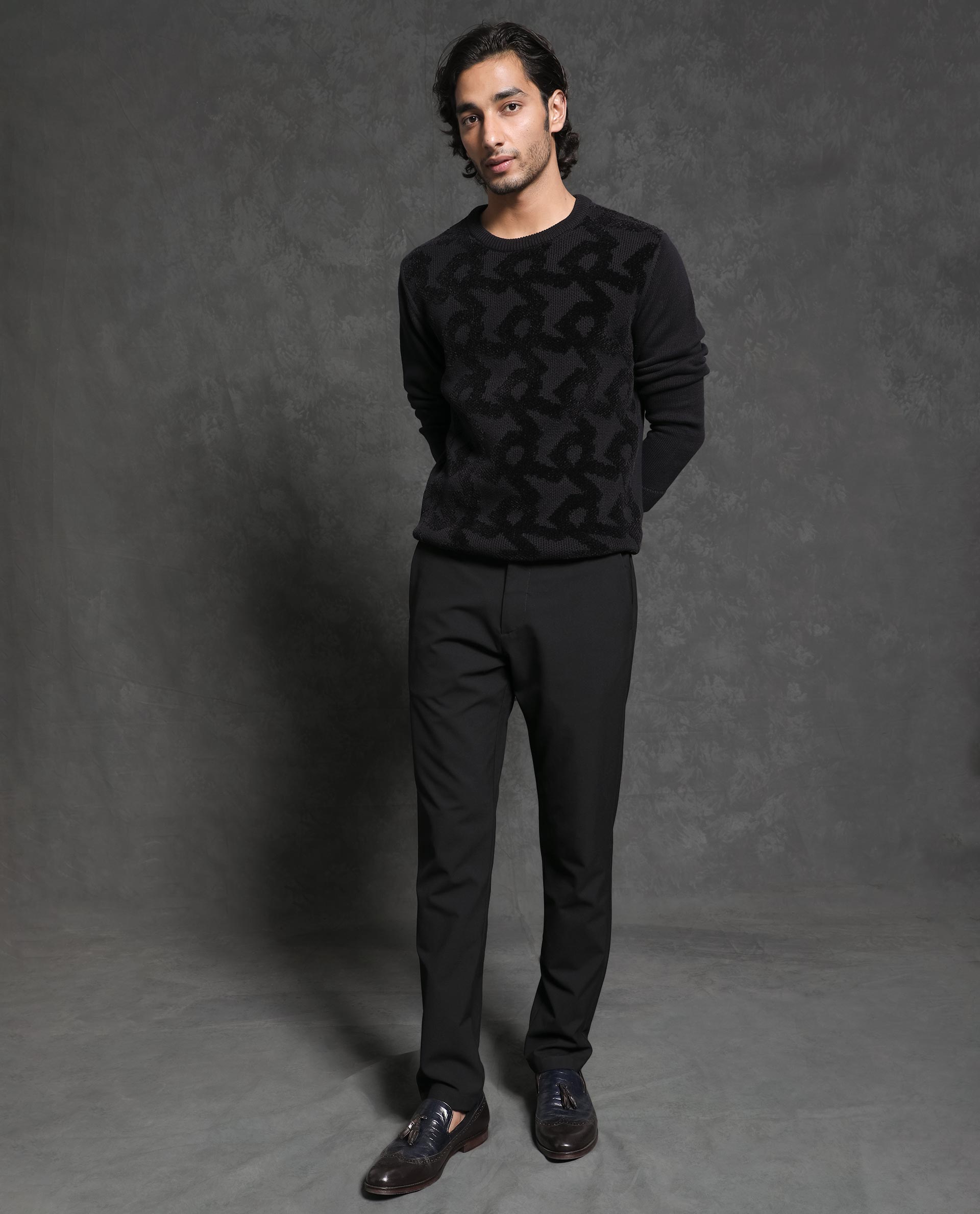 Rare Rabbit Mens Fink Black Cotton Polyester Fabric Crew Neck Relaxed Fit Monogram Jacquard Sweater