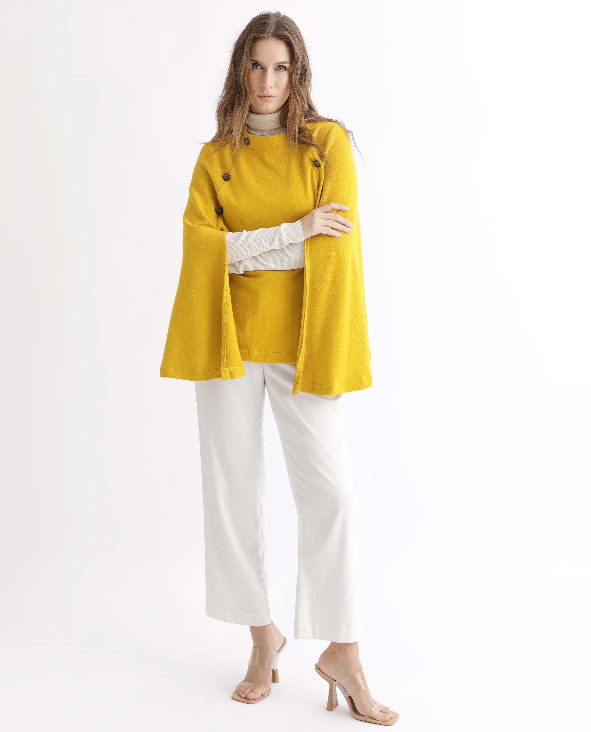 Rareism Women Finley Mustard Cotton Fabric 3/4Th Sleeves Relaxed Fit Solid Collarless Sweater