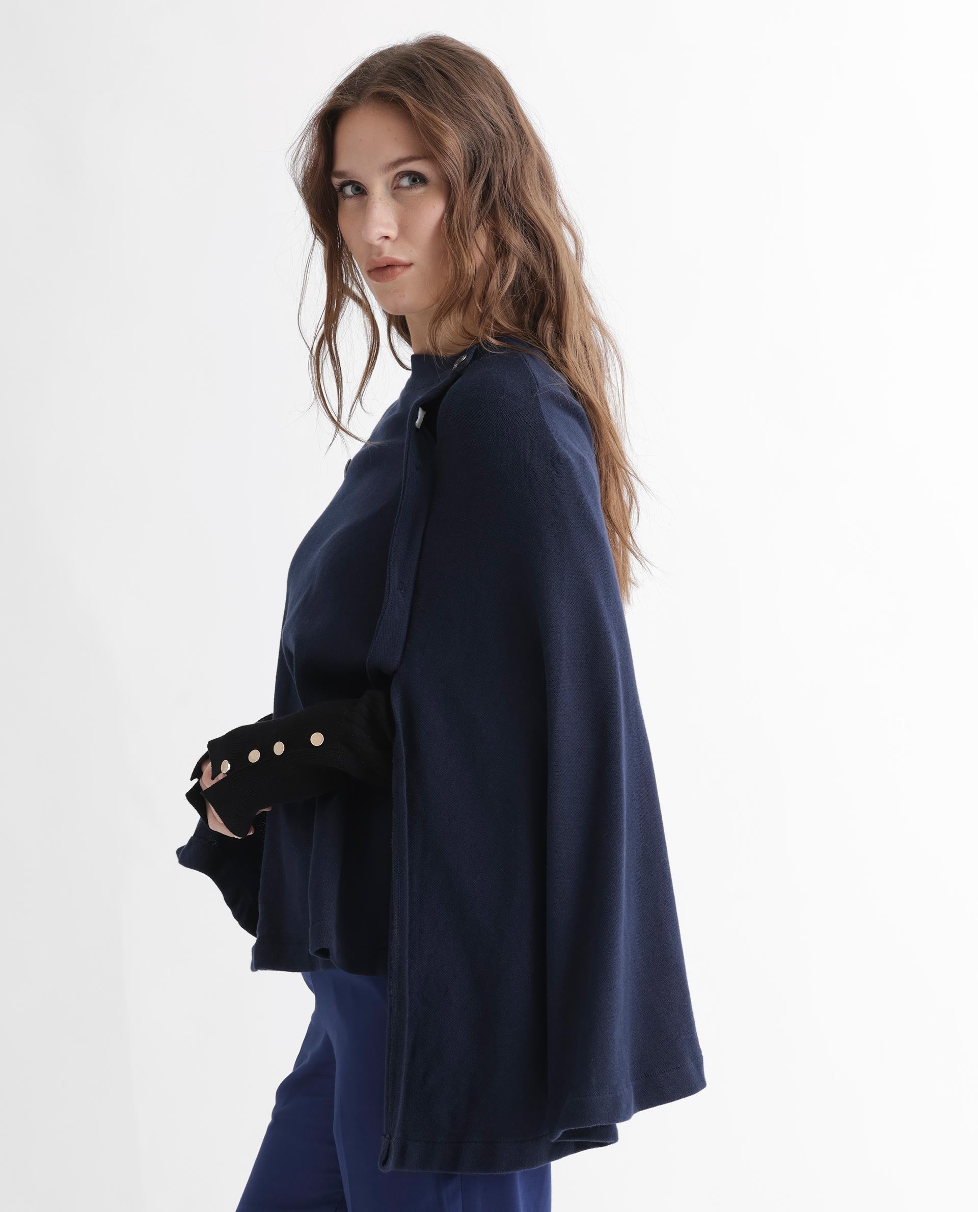 Rareism Women Finley Navy Cotton Fabric 3/4Th Sleeves Relaxed Fit Solid Collarless Sweater