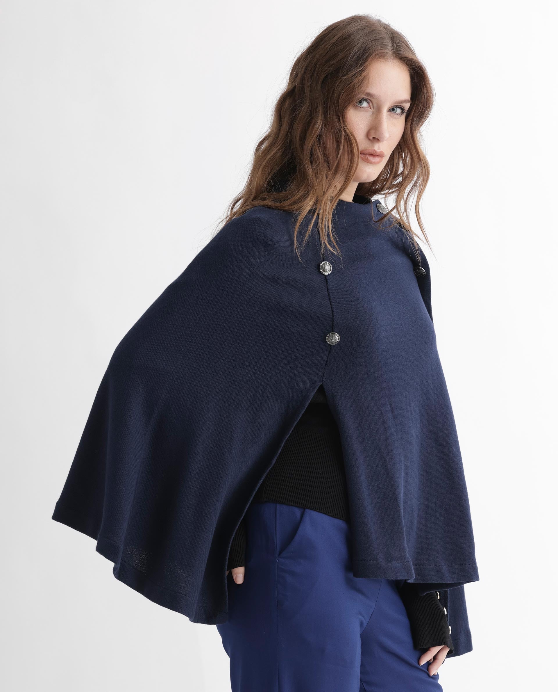 Rareism Women Finley Navy Cotton Fabric 3/4Th Sleeves Relaxed Fit Solid Collarless Sweater