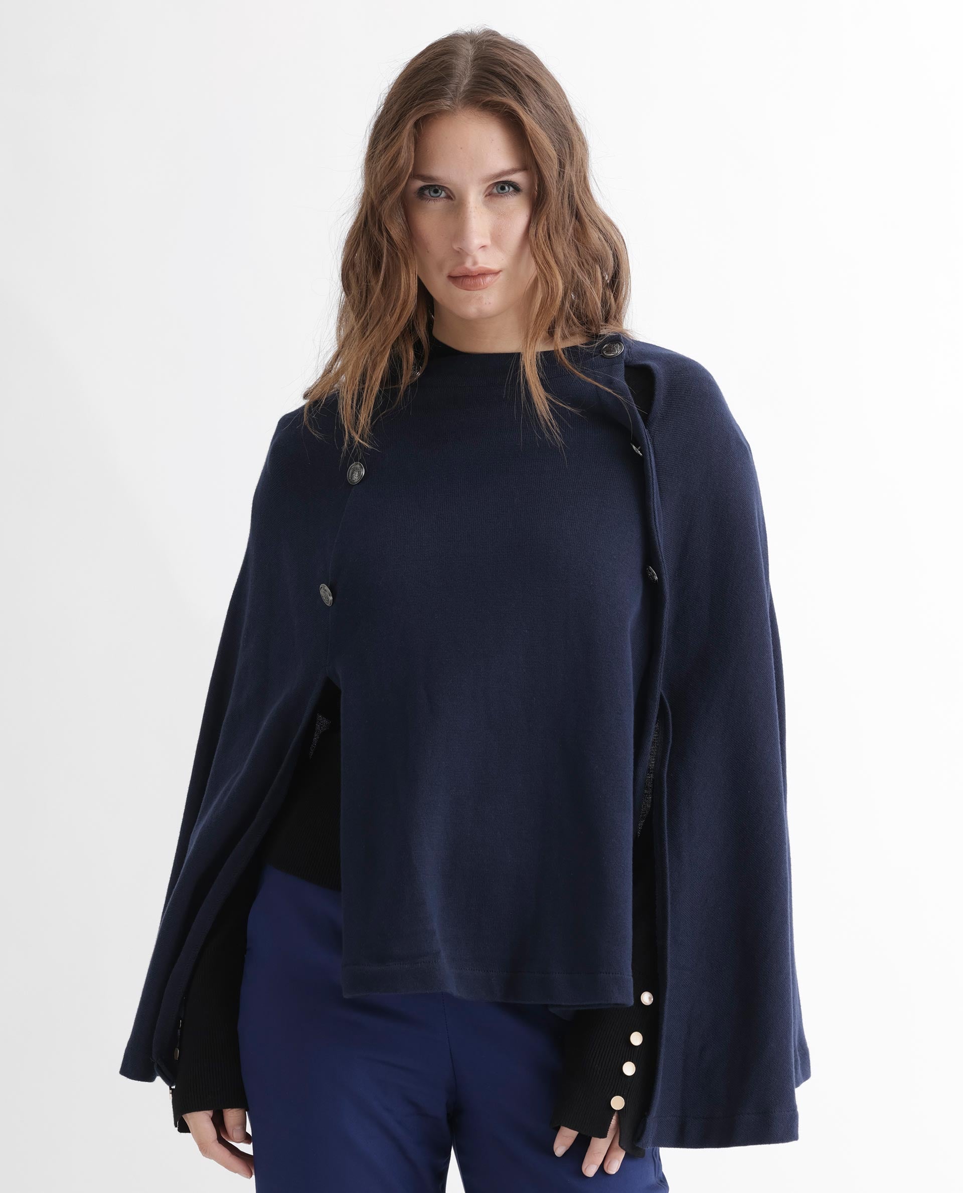 Rareism Women Finley Navy Cotton Fabric 3/4Th Sleeves Relaxed Fit Solid Collarless Sweater