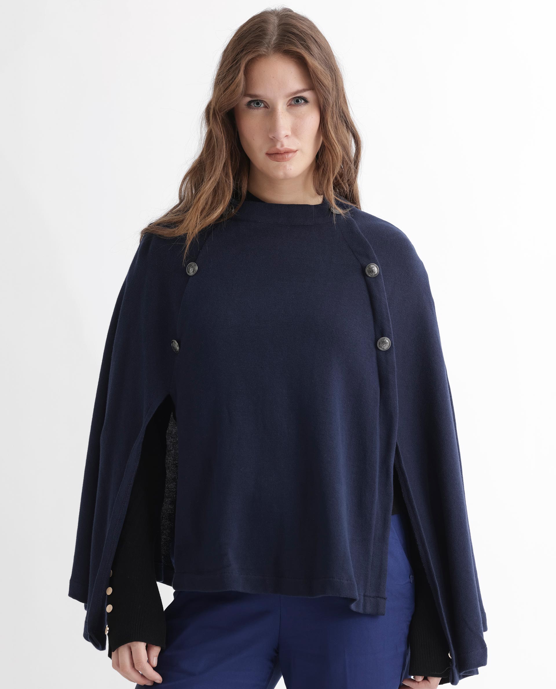 Rareism Women Finley Navy Cotton Fabric 3/4Th Sleeves Relaxed Fit Solid Collarless Sweater