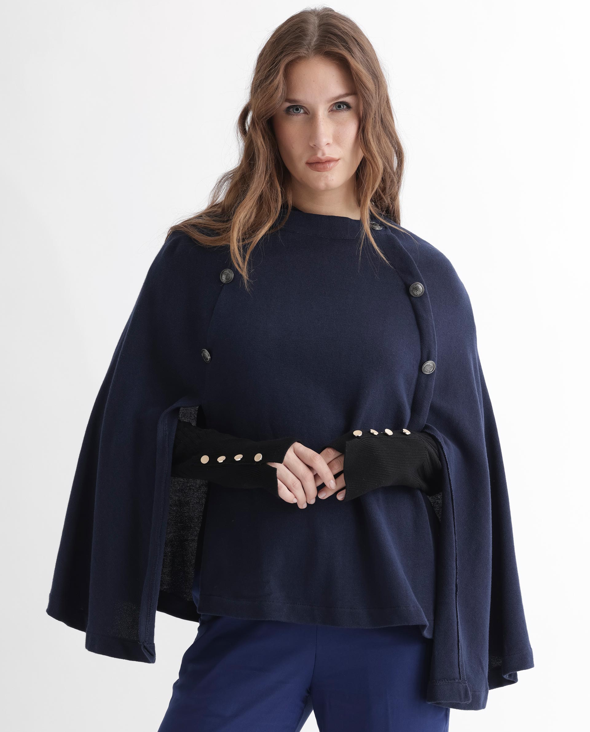 Rareism Women Finley Navy Cotton Fabric 3/4Th Sleeves Relaxed Fit Solid Collarless Sweater