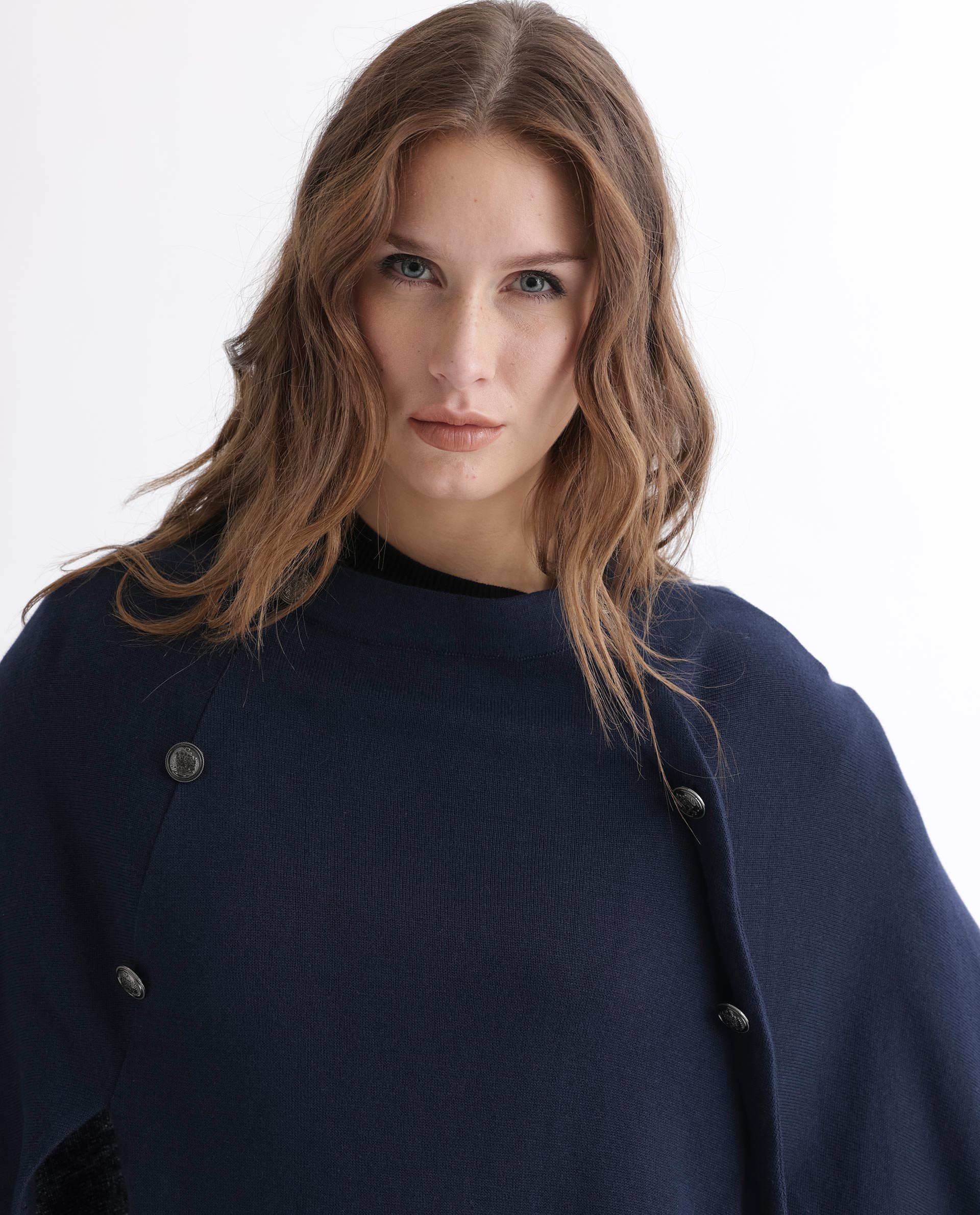 Rareism Women Finley Navy Cotton Fabric 3/4Th Sleeves Relaxed Fit Solid Collarless Sweater