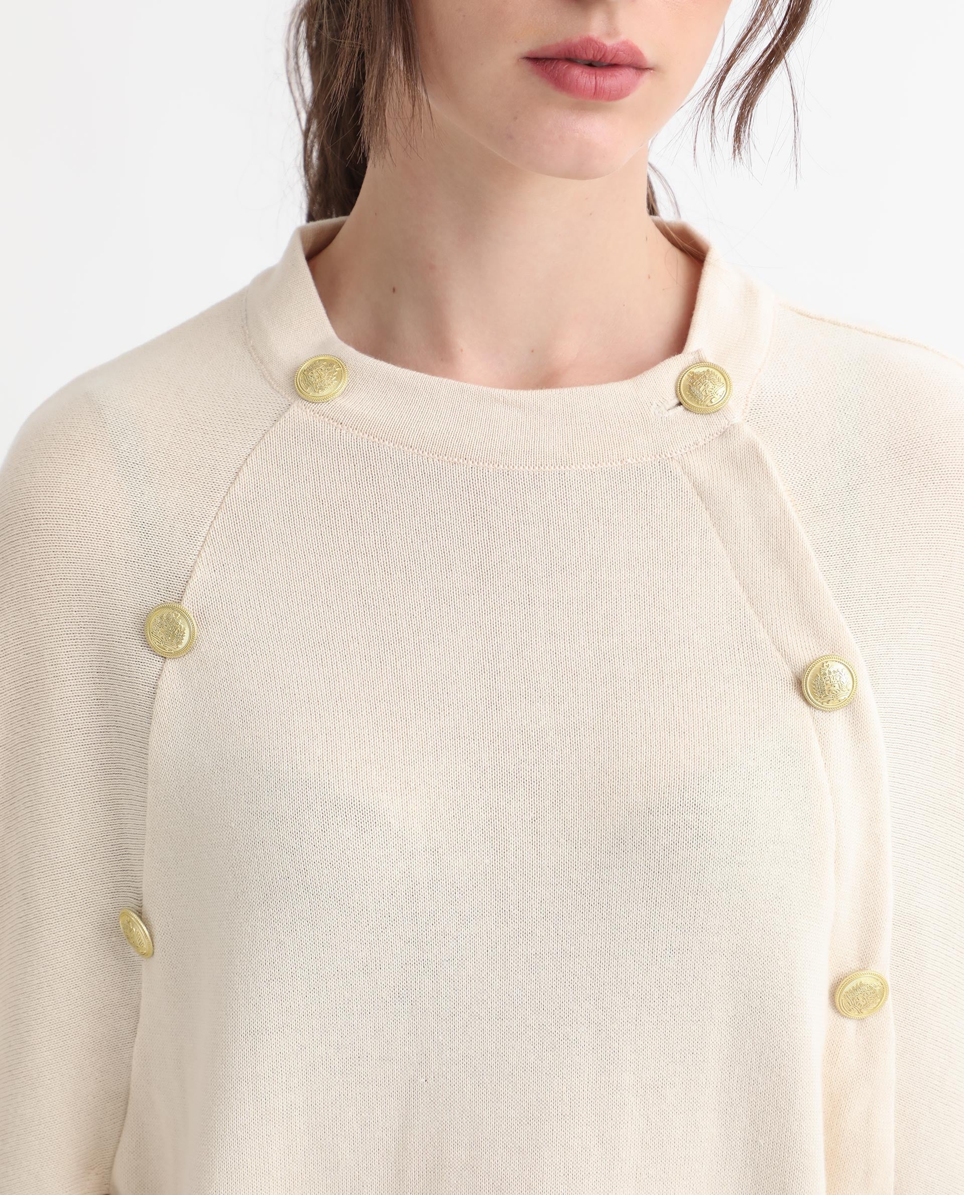 Rareism Women Finley Off White Cotton Fabric 3/4Th Sleeves Relaxed Fit Solid Collarless Sweater