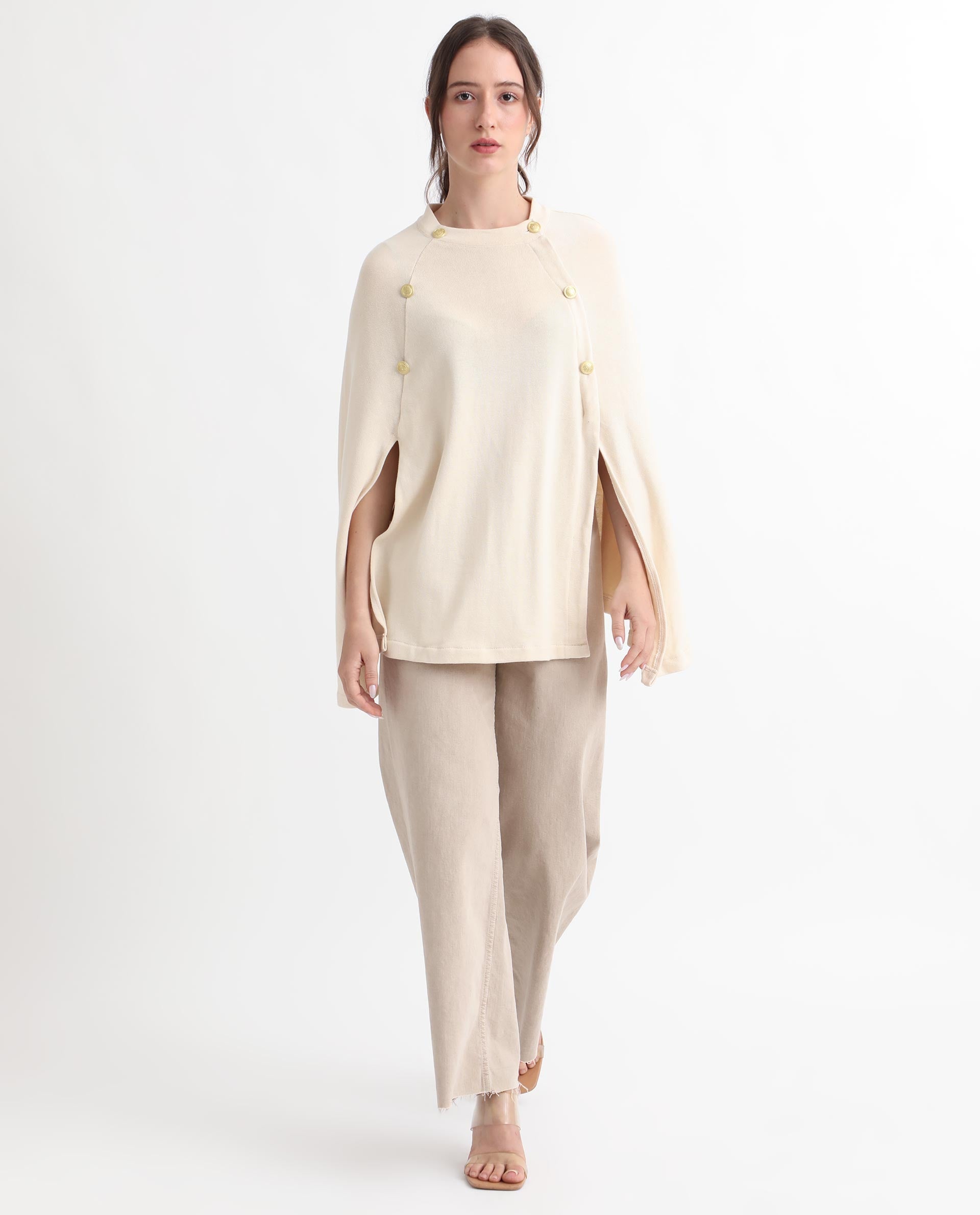 Rareism Women Finley Off White Cotton Fabric 3/4Th Sleeves Relaxed Fit Solid Collarless Sweater