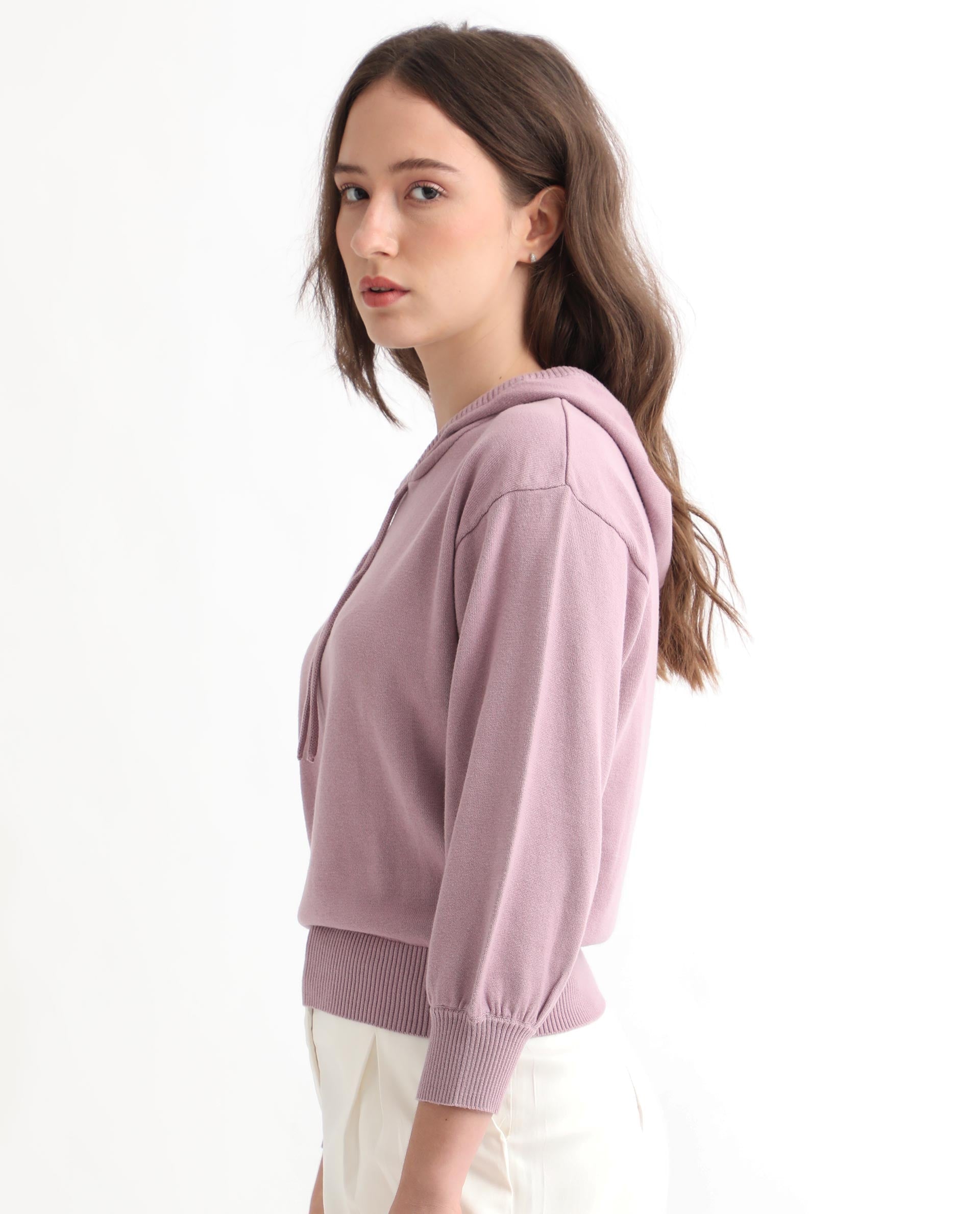 Rareism Women Finn Sweat Pink Cotton Fabric Full Sleeves Relaxed Fit Solid Hooded Sweater