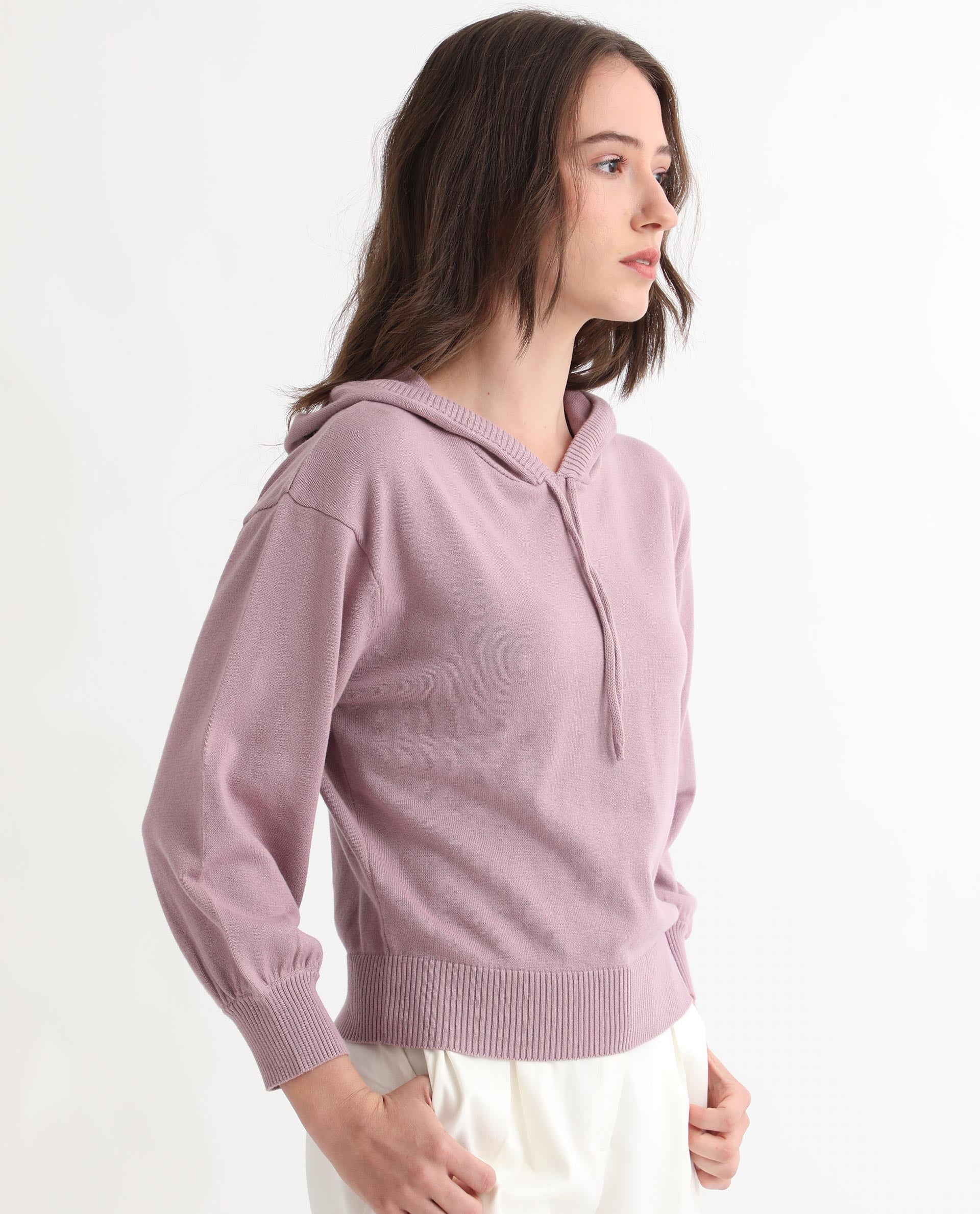 Rareism Women Finn Sweat Pink Cotton Fabric Full Sleeves Relaxed Fit Solid Hooded Sweater