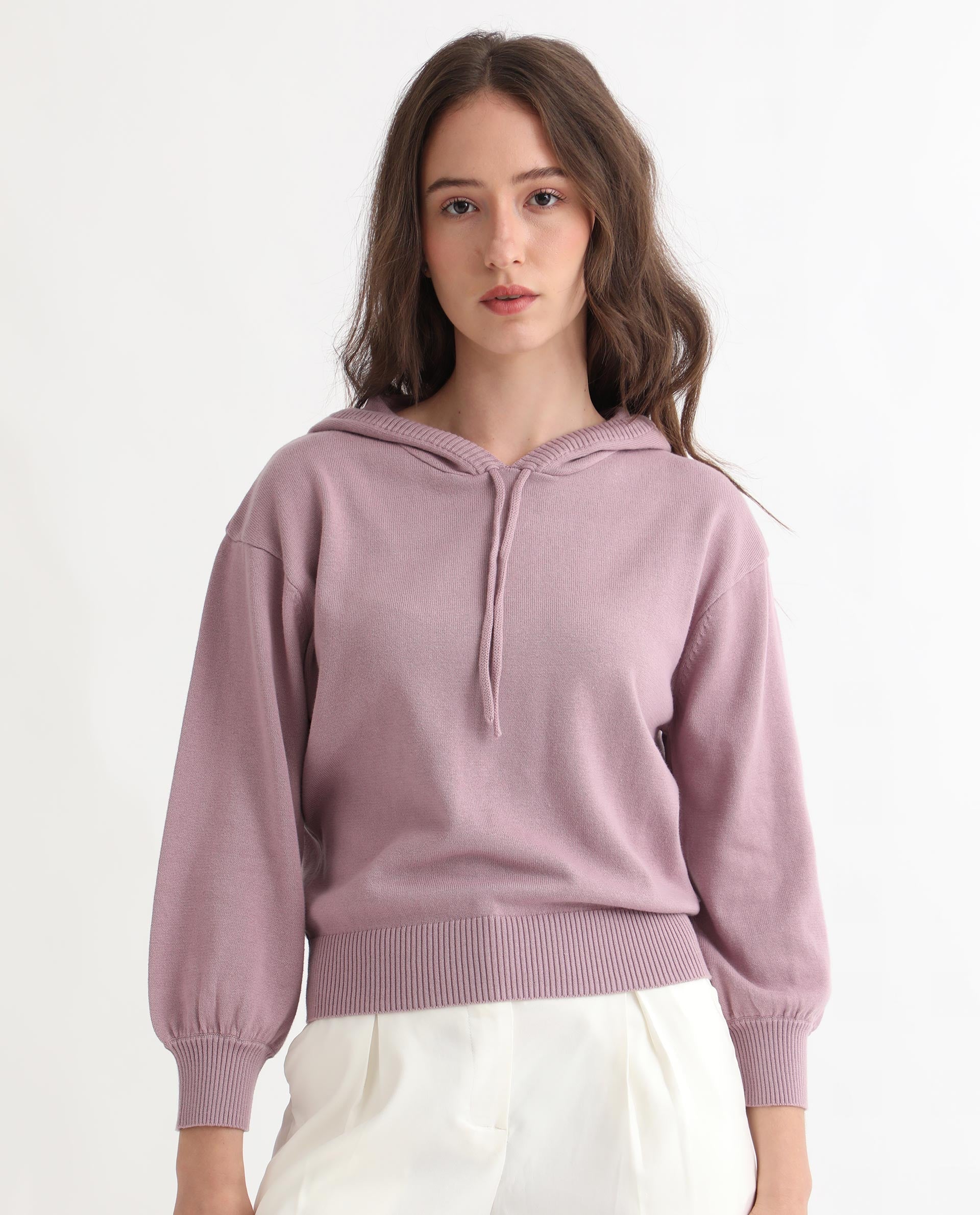 Rareism Women Finn Sweat Pink Cotton Fabric Full Sleeves Relaxed Fit Solid Hooded Sweater