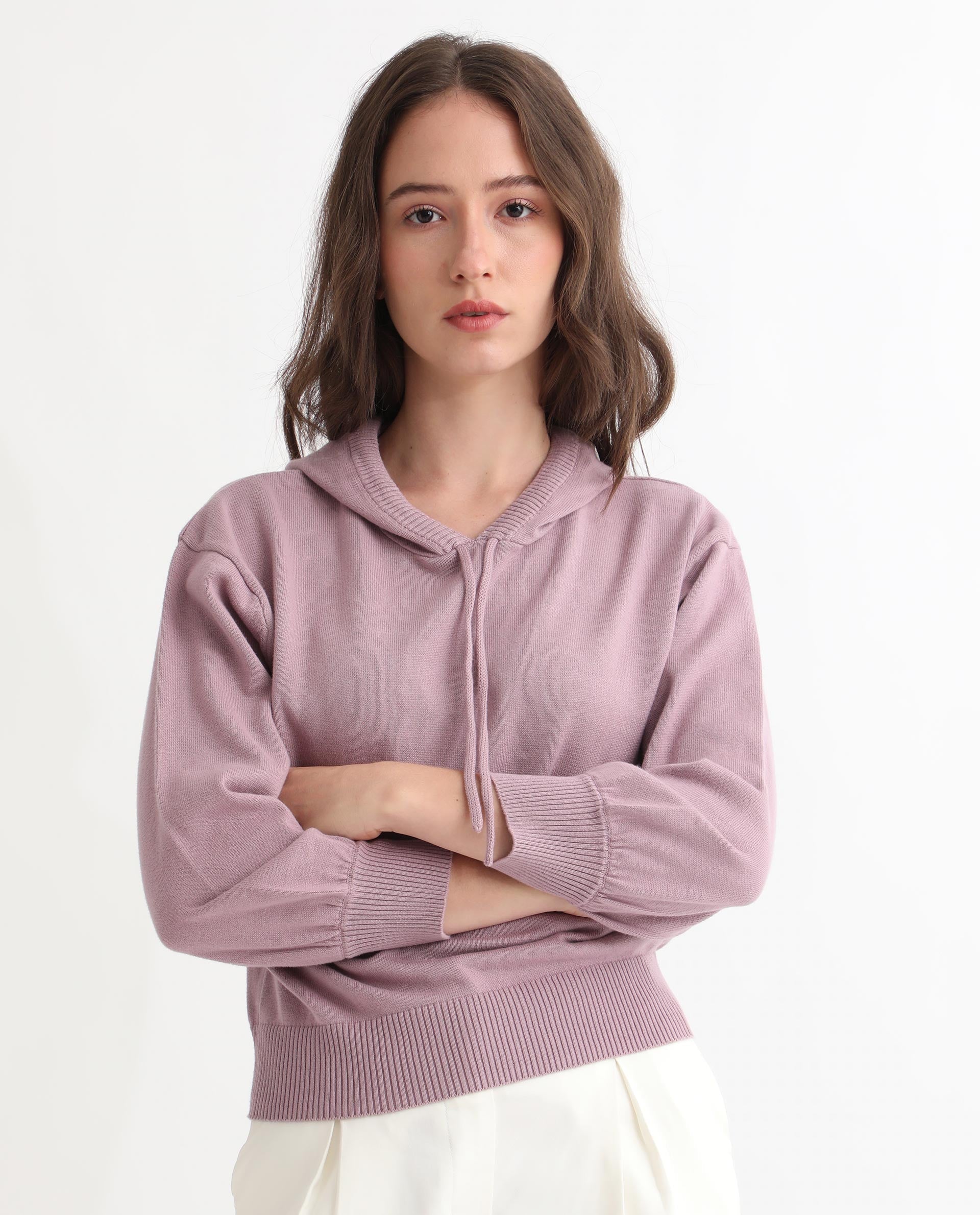 Rareism Women Finn Sweat Pink Cotton Fabric Full Sleeves Relaxed Fit Solid Hooded Sweater