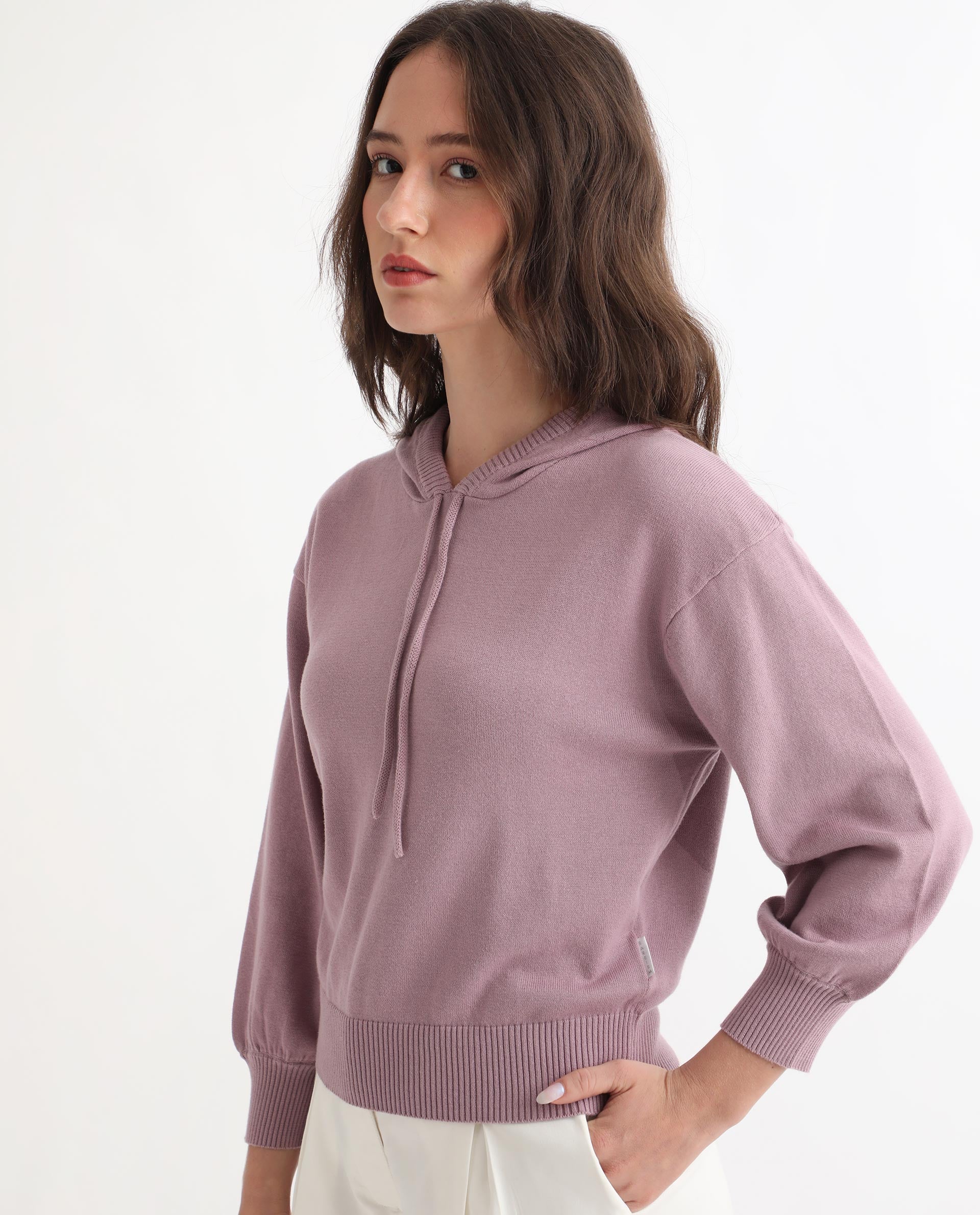 Rareism Women Finn Sweat Pink Cotton Fabric Full Sleeves Relaxed Fit Solid Hooded Sweater