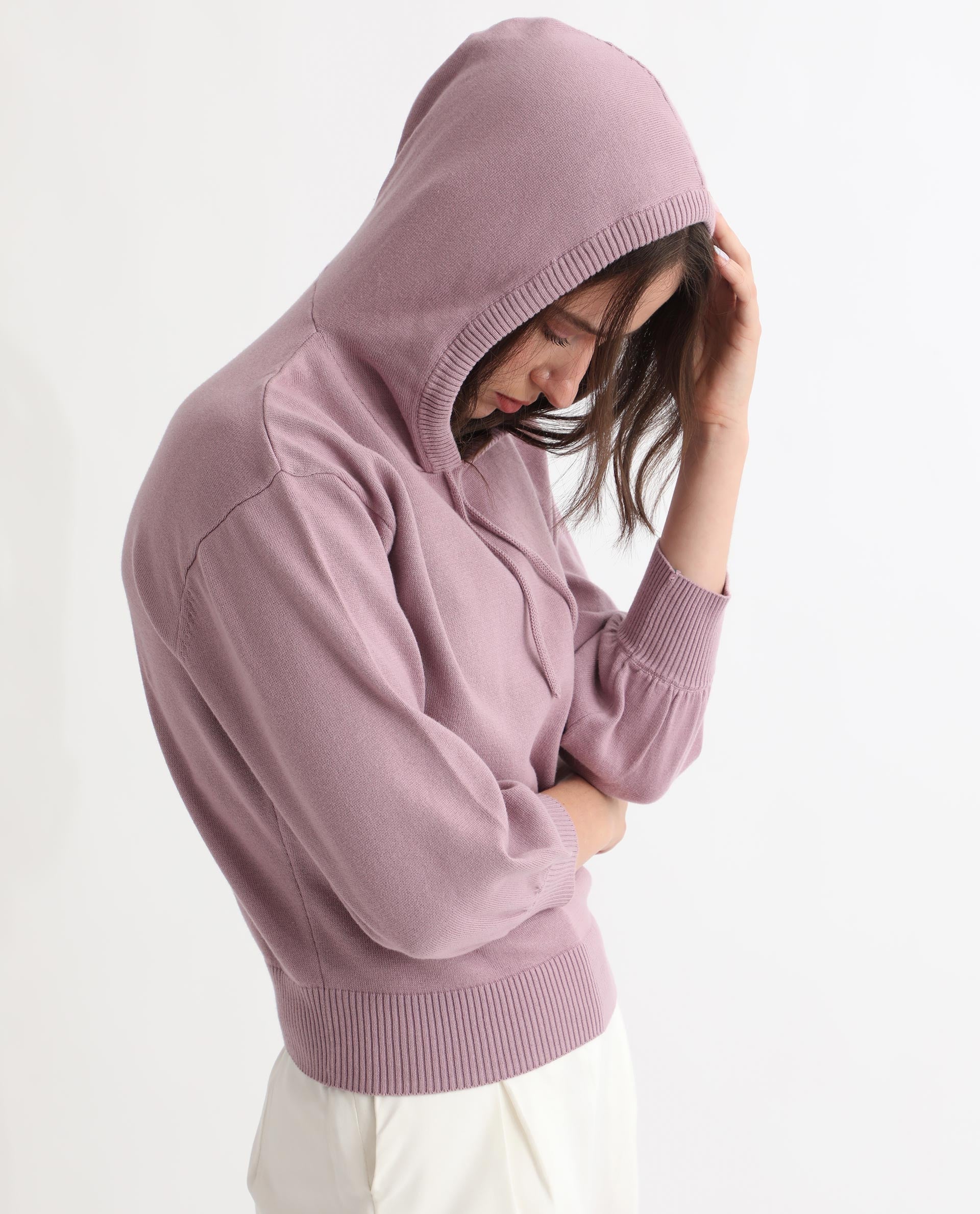 Rareism Women Finn Sweat Pink Cotton Fabric Full Sleeves Relaxed Fit Solid Hooded Sweater