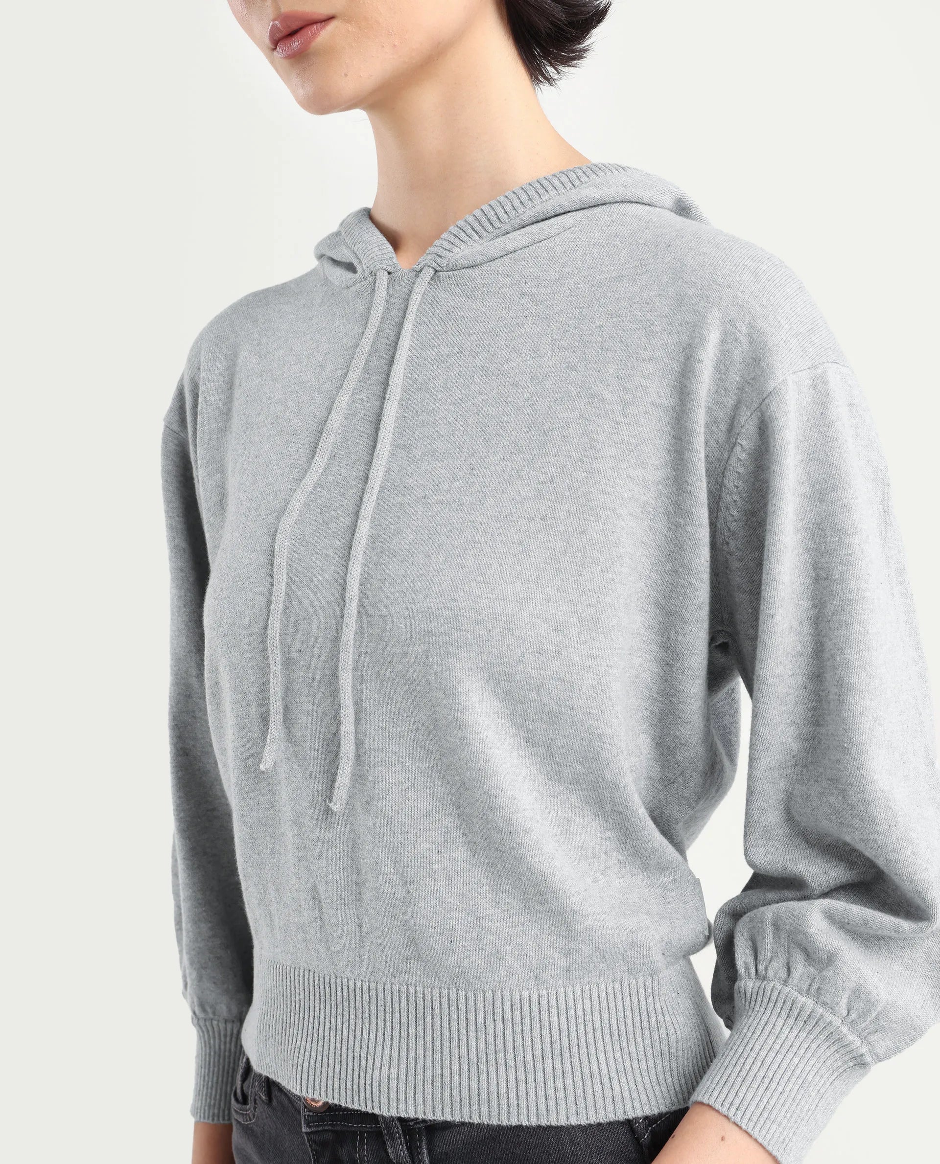 Rareism Women's Finn Sweat Grey Cotton Hooded Plain Relaxed Fit Sweater