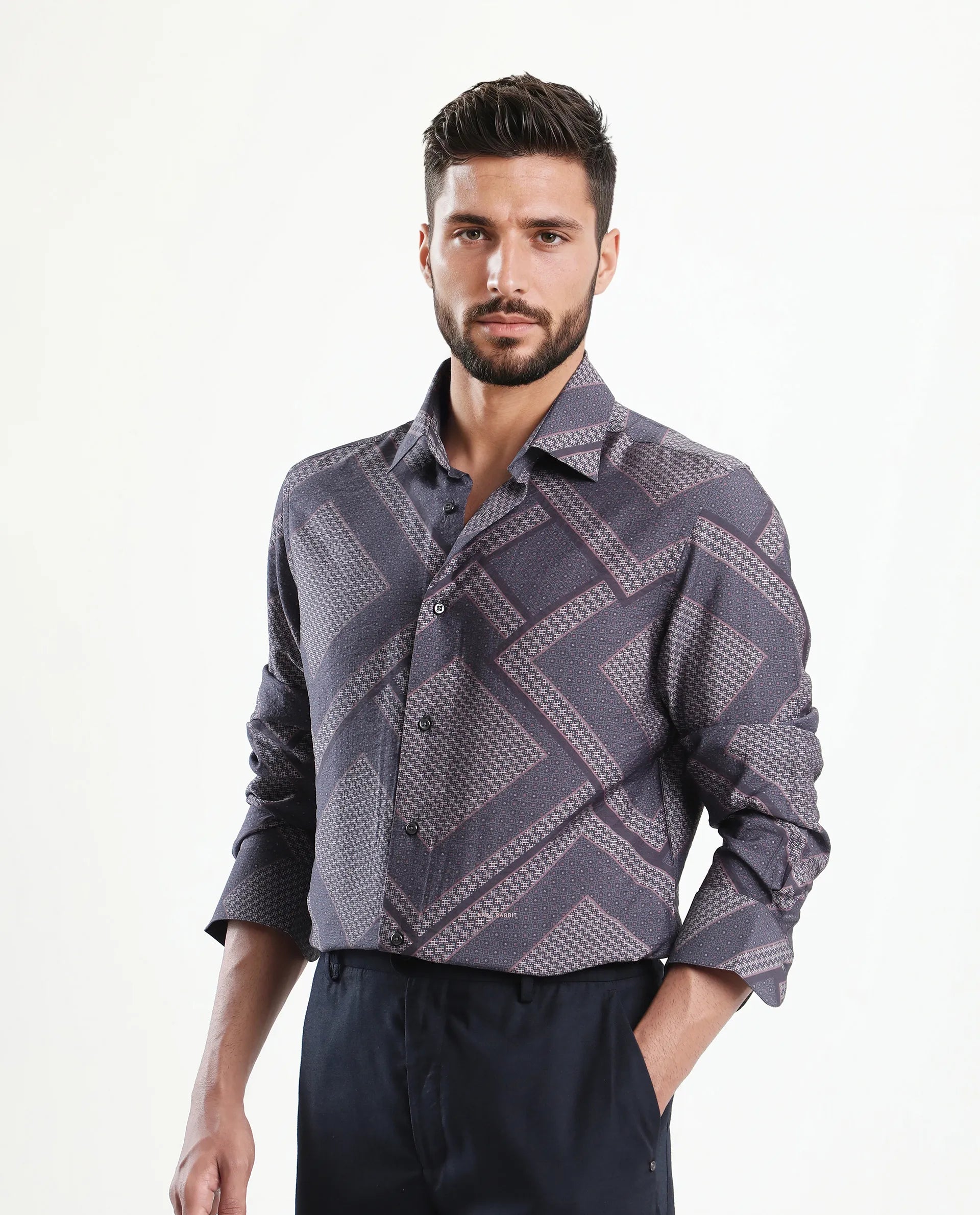 Rare Rabbit Men's Fino Dark Grey Viscose Blend Geometric Print Regular Fit Full Sleeve Collared Shirt