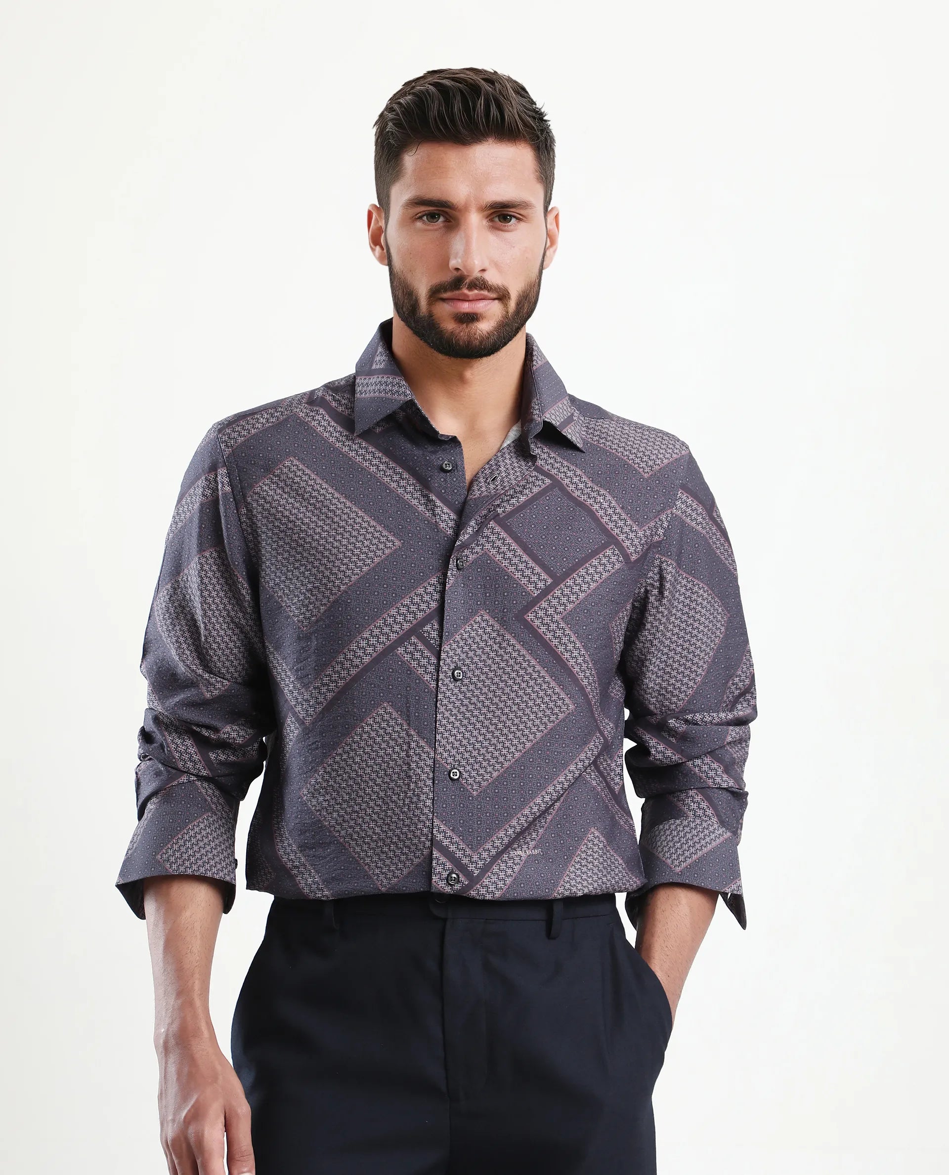 Rare Rabbit Men's Fino Dark Grey Viscose Blend Geometric Print Regular Fit Full Sleeve Collared Shirt