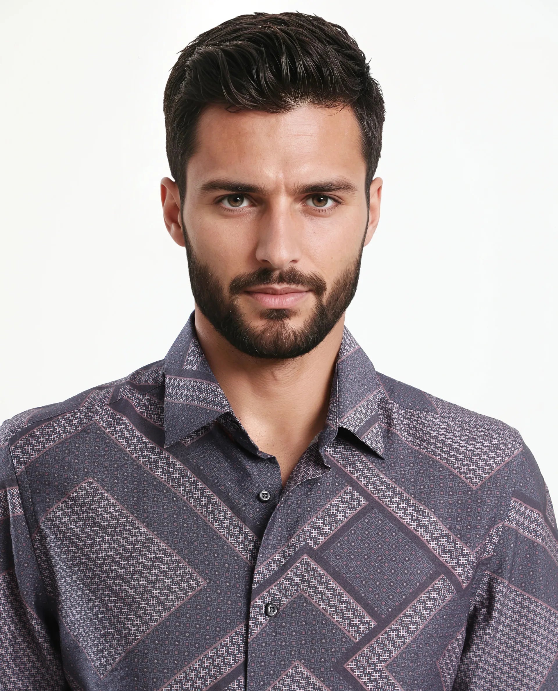 Rare Rabbit Men's Fino Dark Grey Viscose Blend Geometric Print Regular Fit Full Sleeve Collared Shirt
