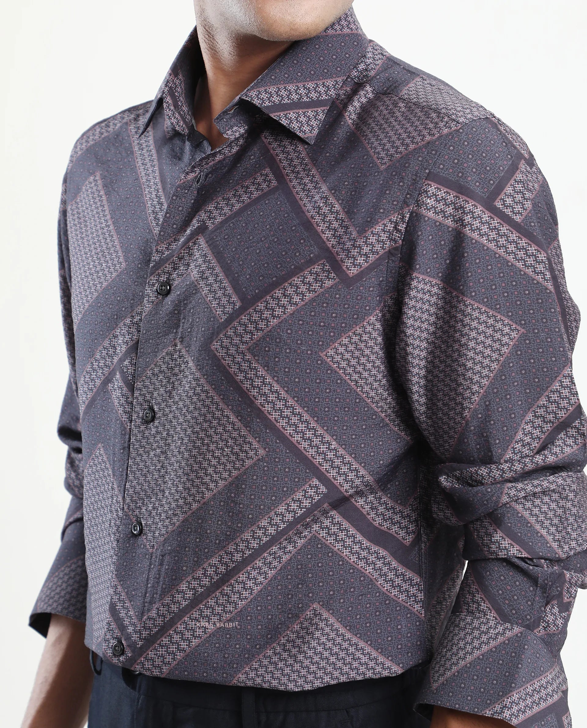 Rare Rabbit Men's Fino Dark Grey Viscose Blend Geometric Print Regular Fit Full Sleeve Collared Shirt
