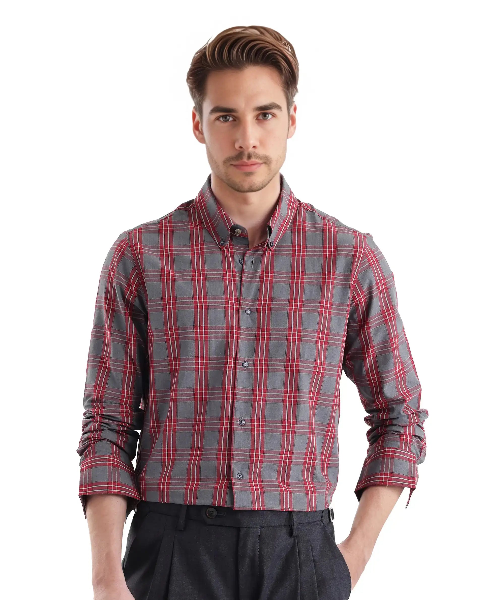 Rare Rabbit Men's Finster Red Cotton Checked Print Regular Fit Full Sleeve Collared Shirt