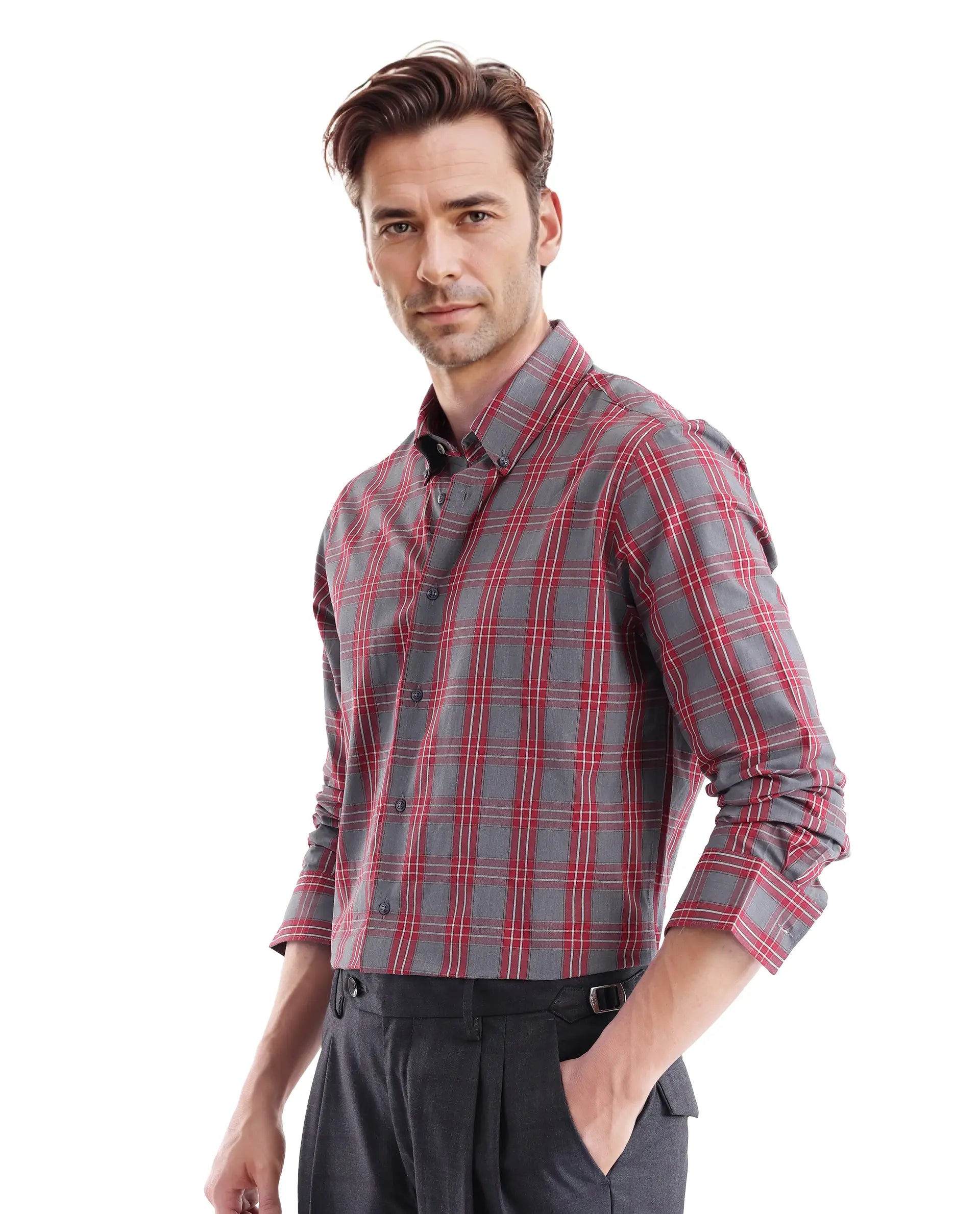 Rare Rabbit Men's Finster Red Cotton Fabric Full Sleeve Regular Fit Checks Shirt