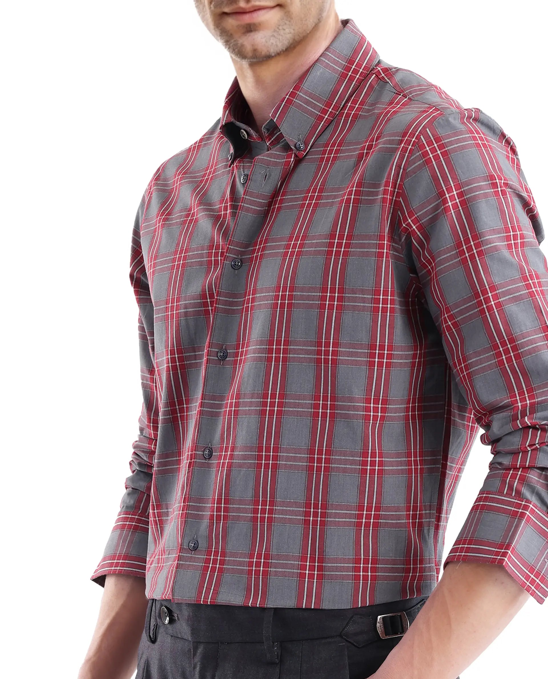 Rare Rabbit Men's Finster Red Cotton Fabric Full Sleeve Regular Fit Checks Shirt