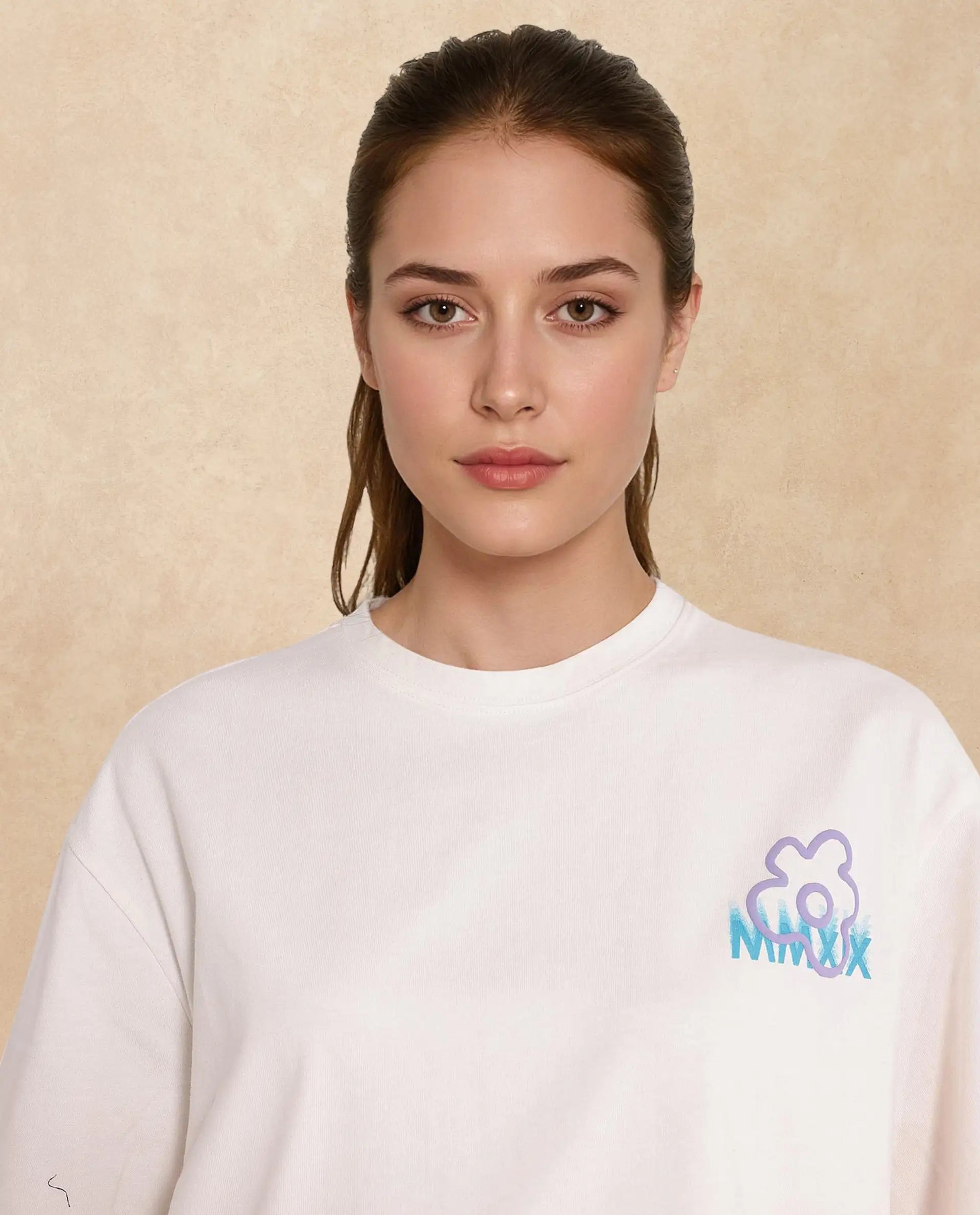 Rareism Women Fiona Off White Cotton Fabric Short Sleeve Crew Neck Solid T-Shirt