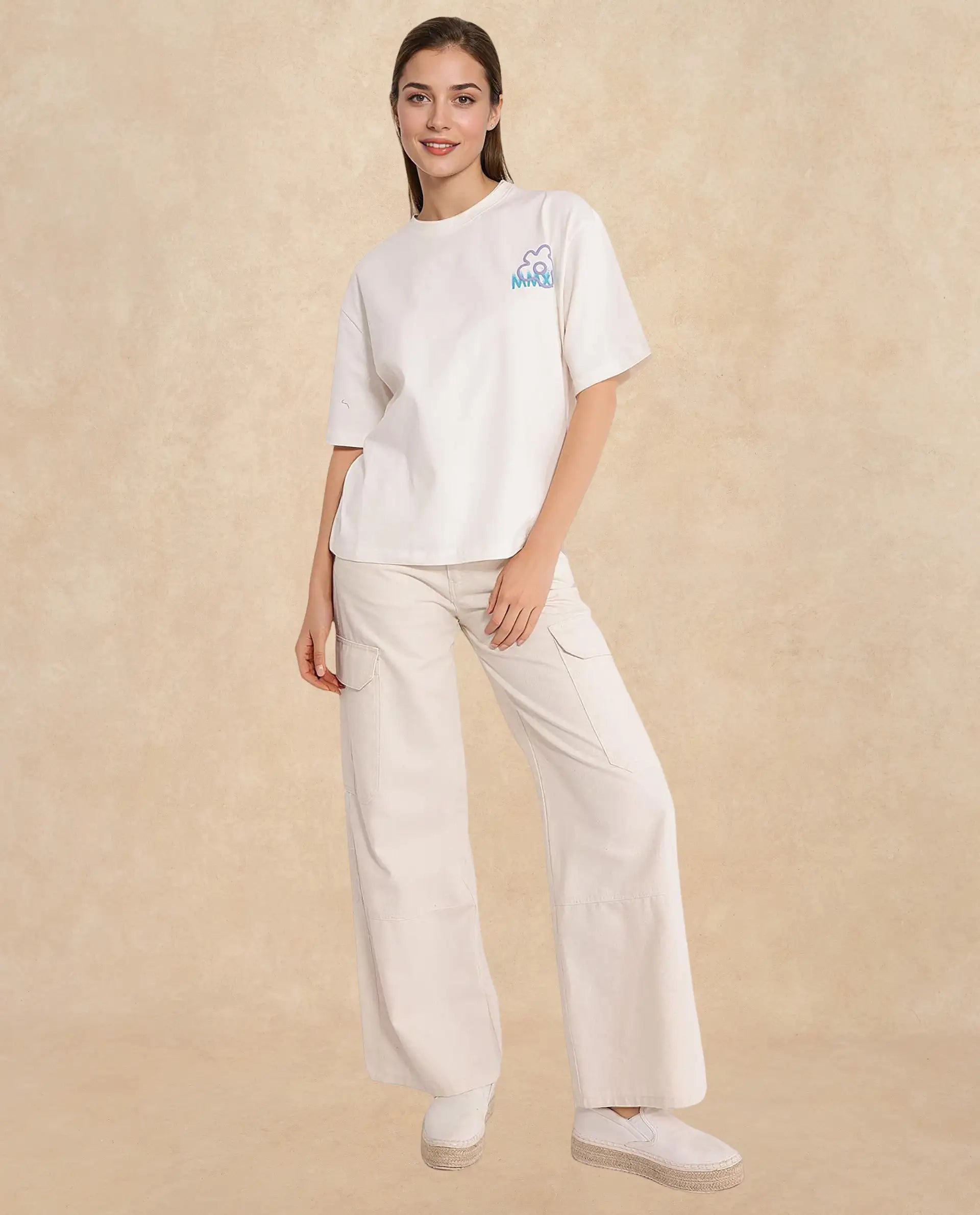 Rareism Women Fiona Off White Cotton Fabric Short Sleeve Crew Neck Solid T-Shirt