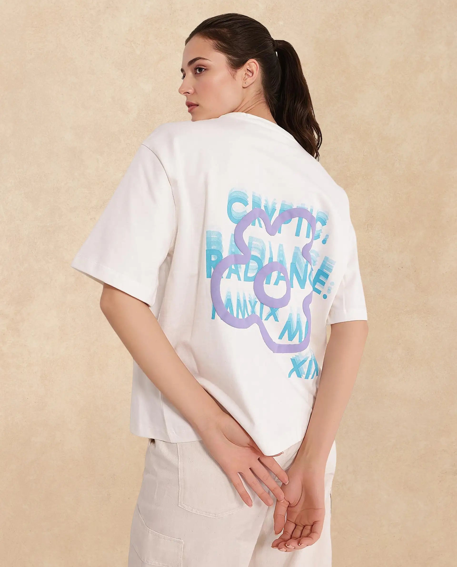 Rareism Women Fiona Off White Cotton Fabric Short Sleeve Crew Neck Solid T-Shirt