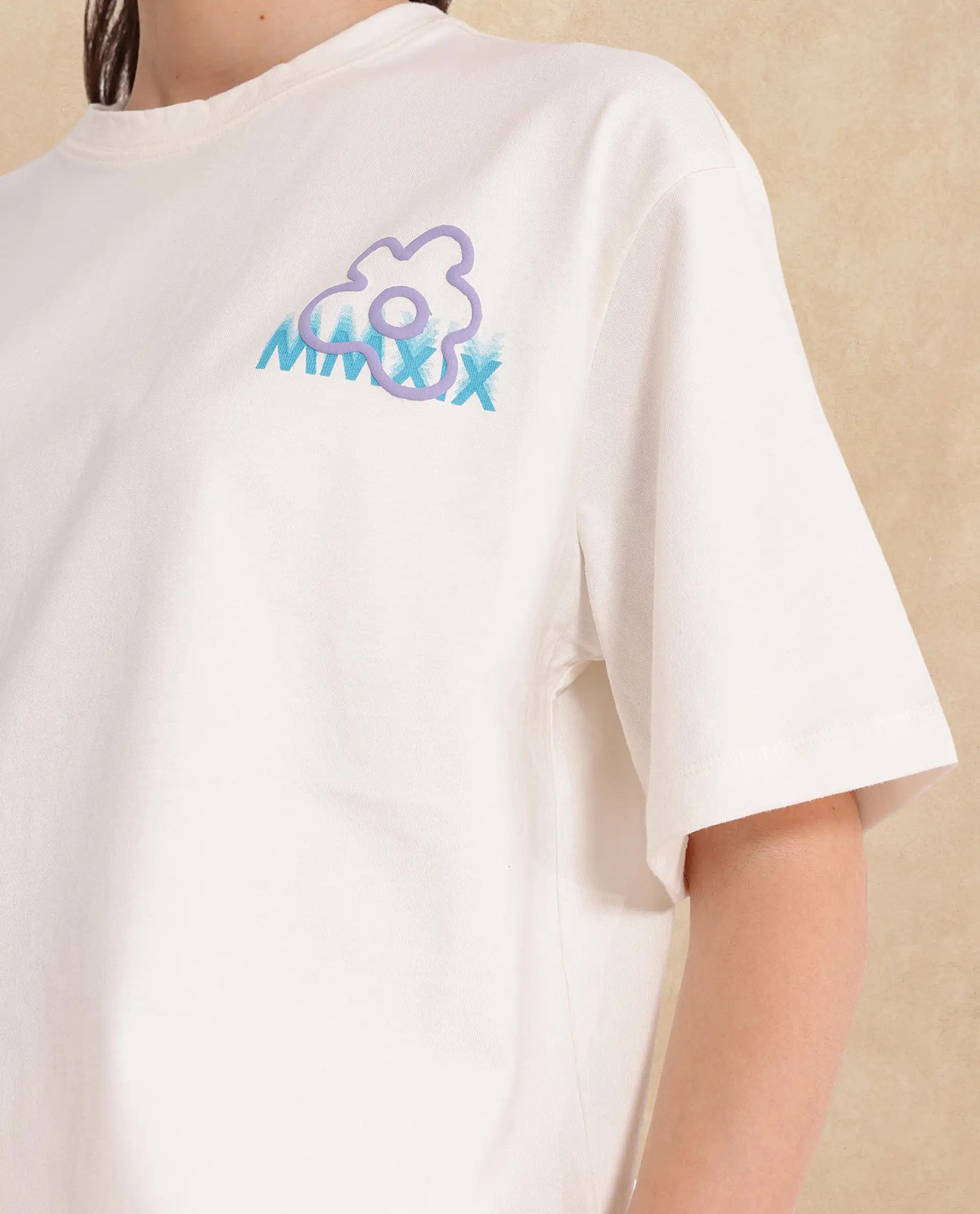 Rareism Women Fiona Off White Cotton Fabric Short Sleeve Crew Neck Solid T-Shirt