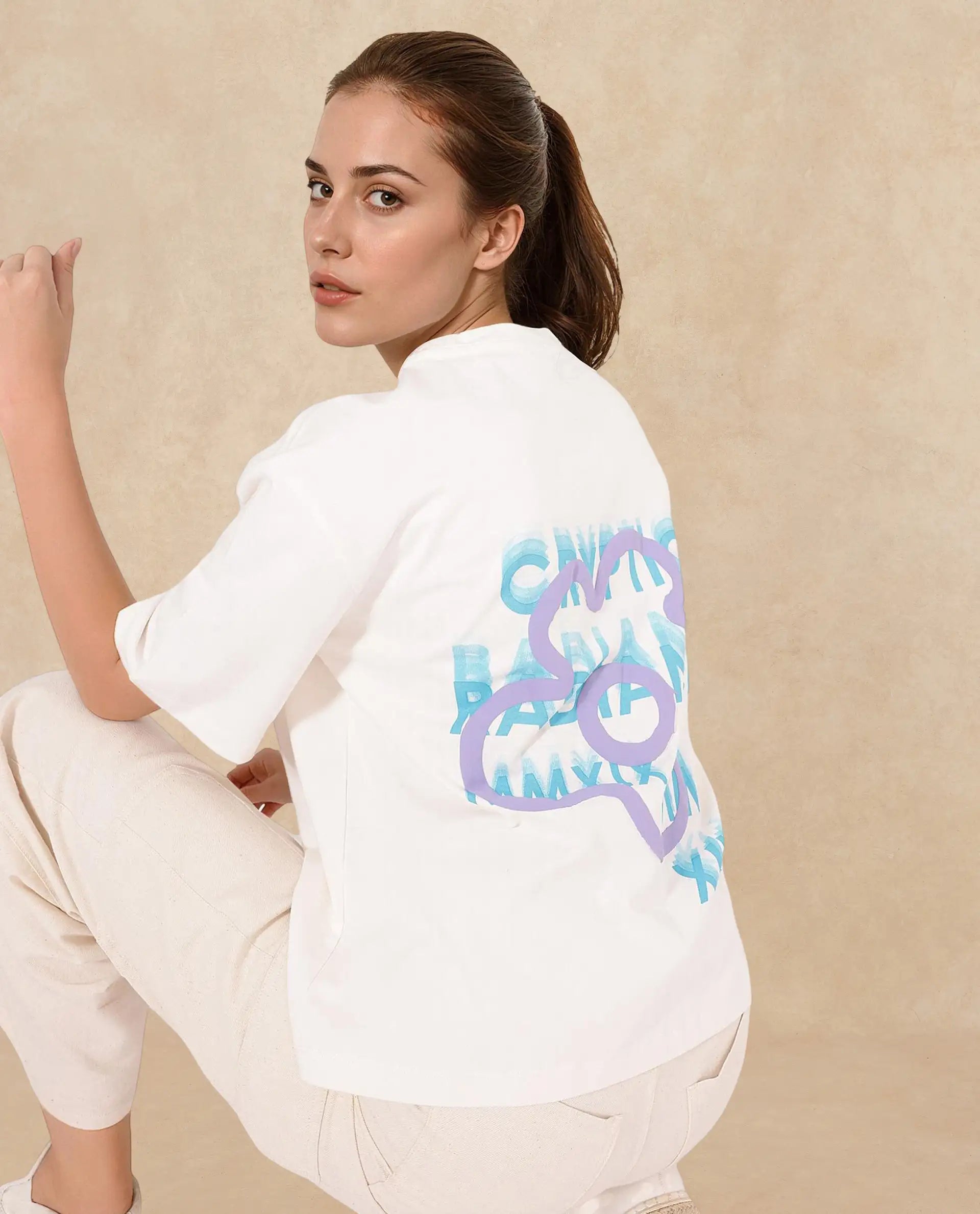 Rareism Women Fiona Off White Cotton Fabric Short Sleeve Crew Neck Solid T-Shirt