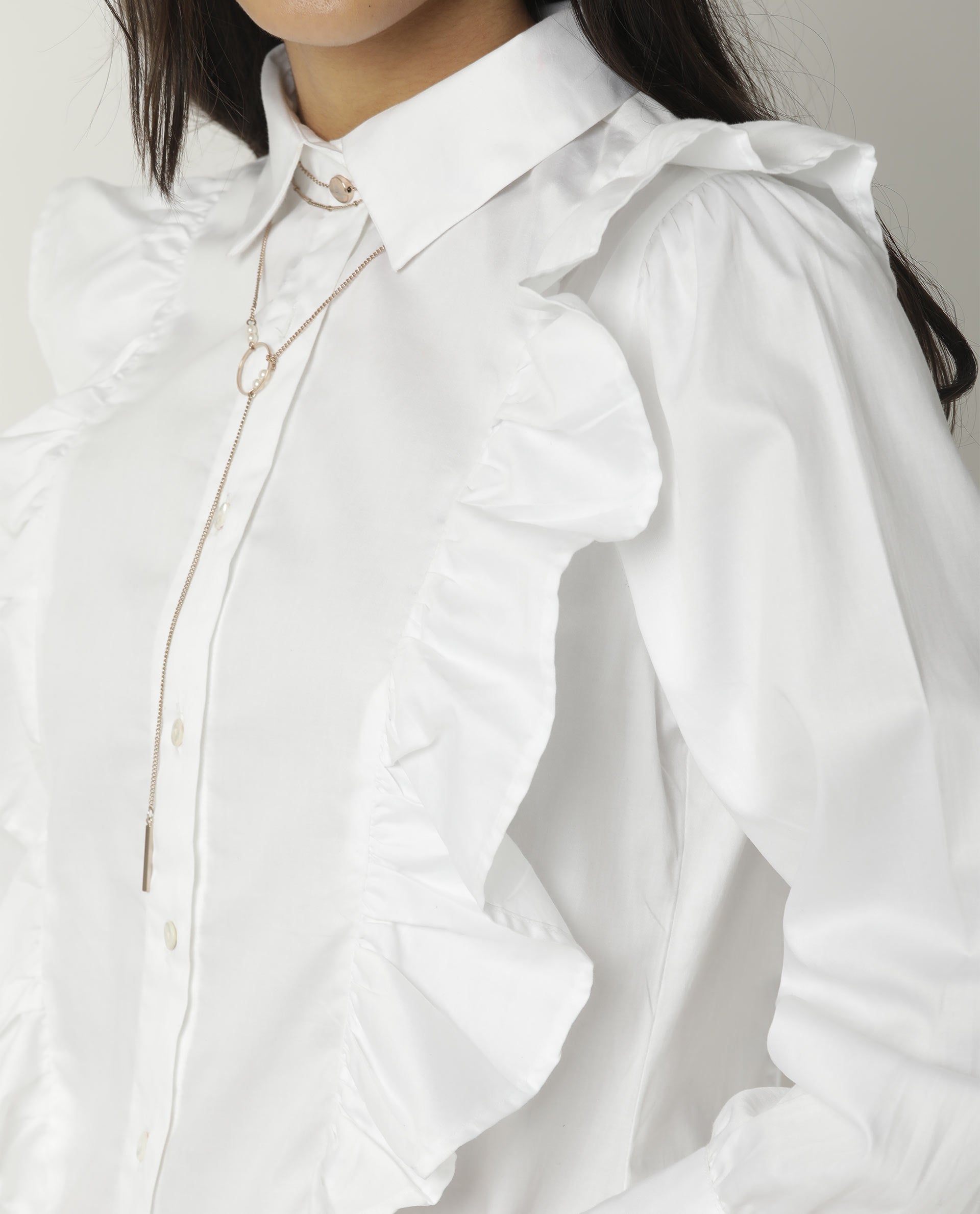 Rareism Womens Fiona White Top Cotton Lycra Fabric Regular Fit Cuffed Sleeve Collared Neck