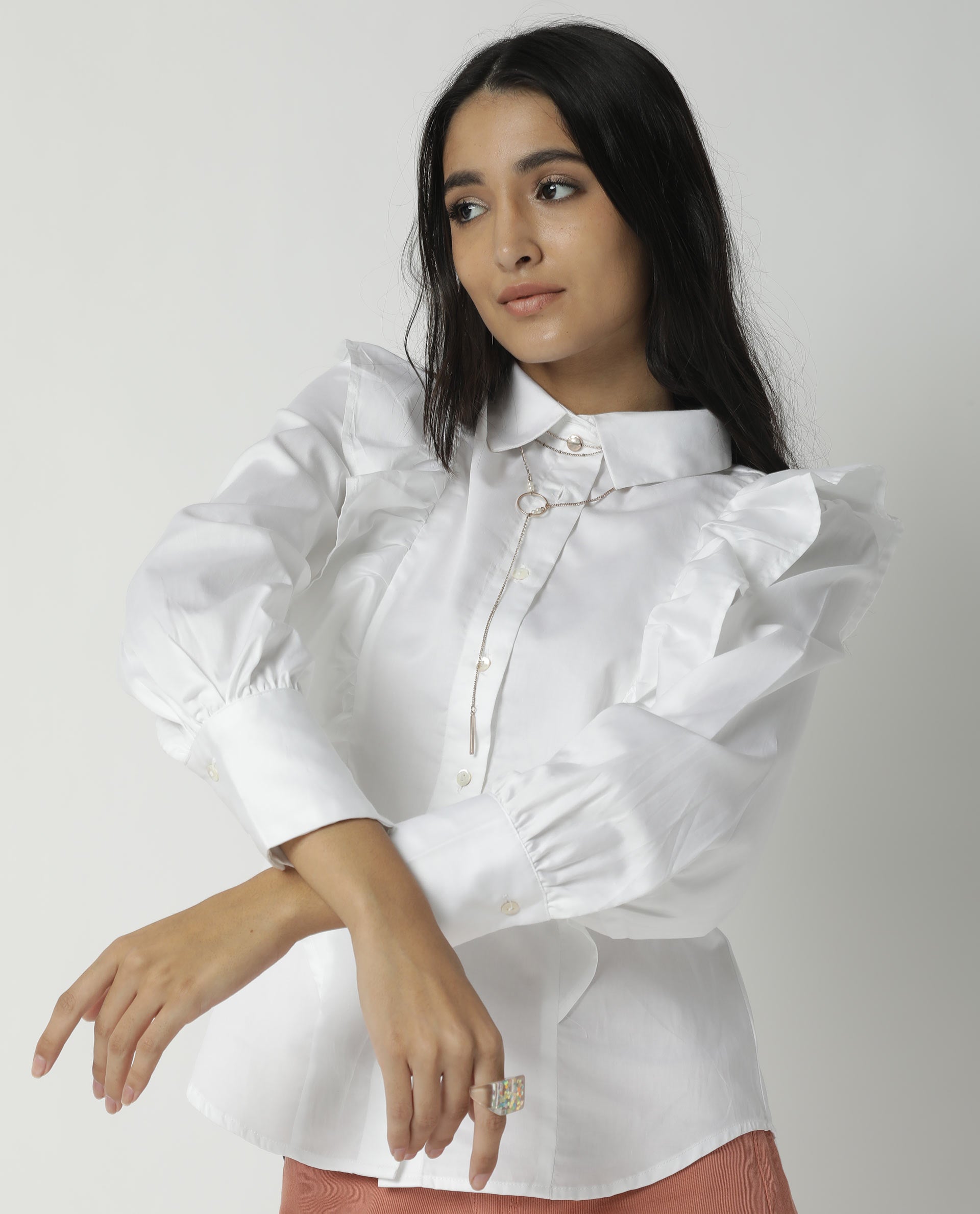 Rareism Womens Fiona White Top Cotton Lycra Fabric Regular Fit Cuffed Sleeve Collared Neck