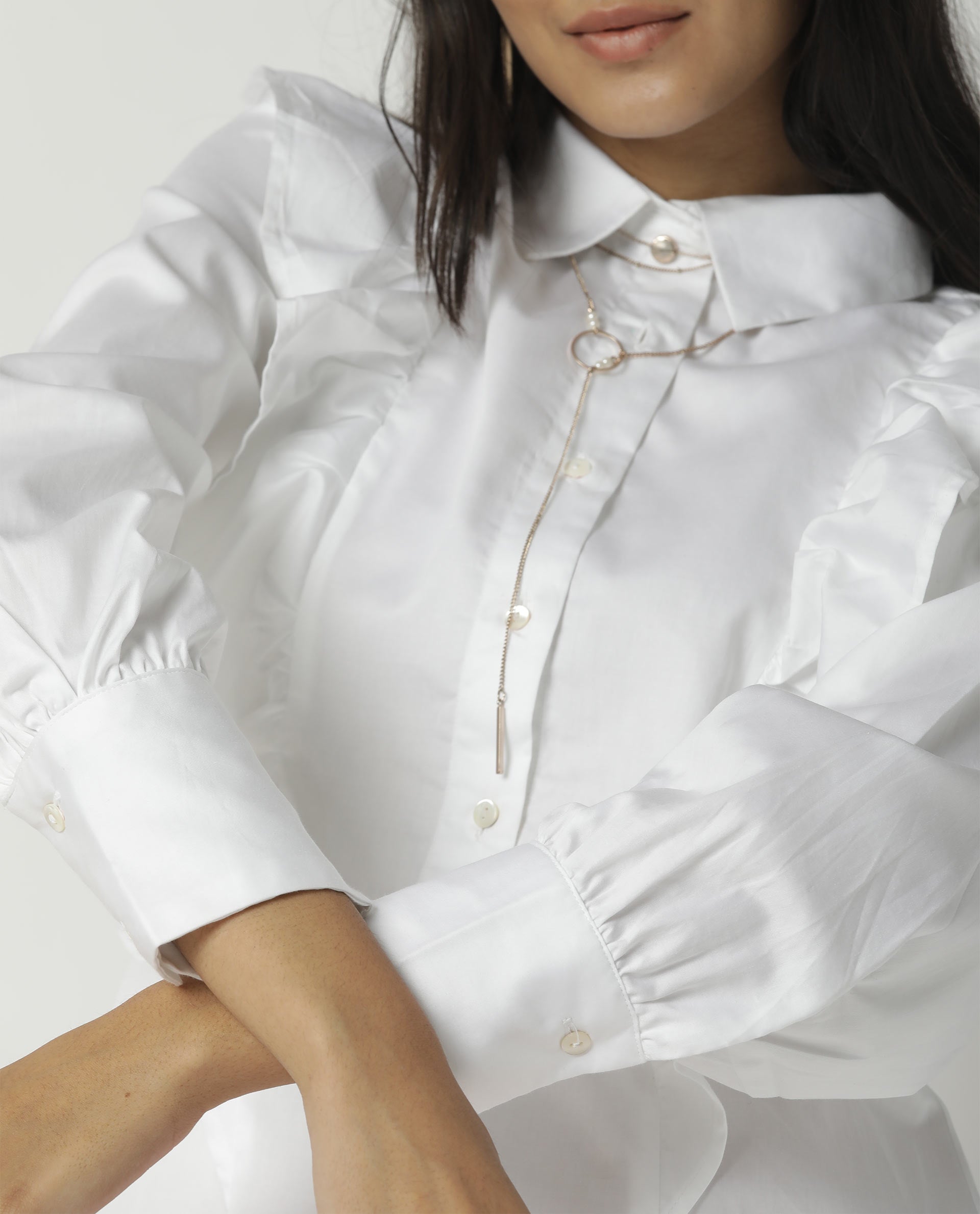 Rareism Womens Fiona White Top Cotton Lycra Fabric Regular Fit Cuffed Sleeve Collared Neck