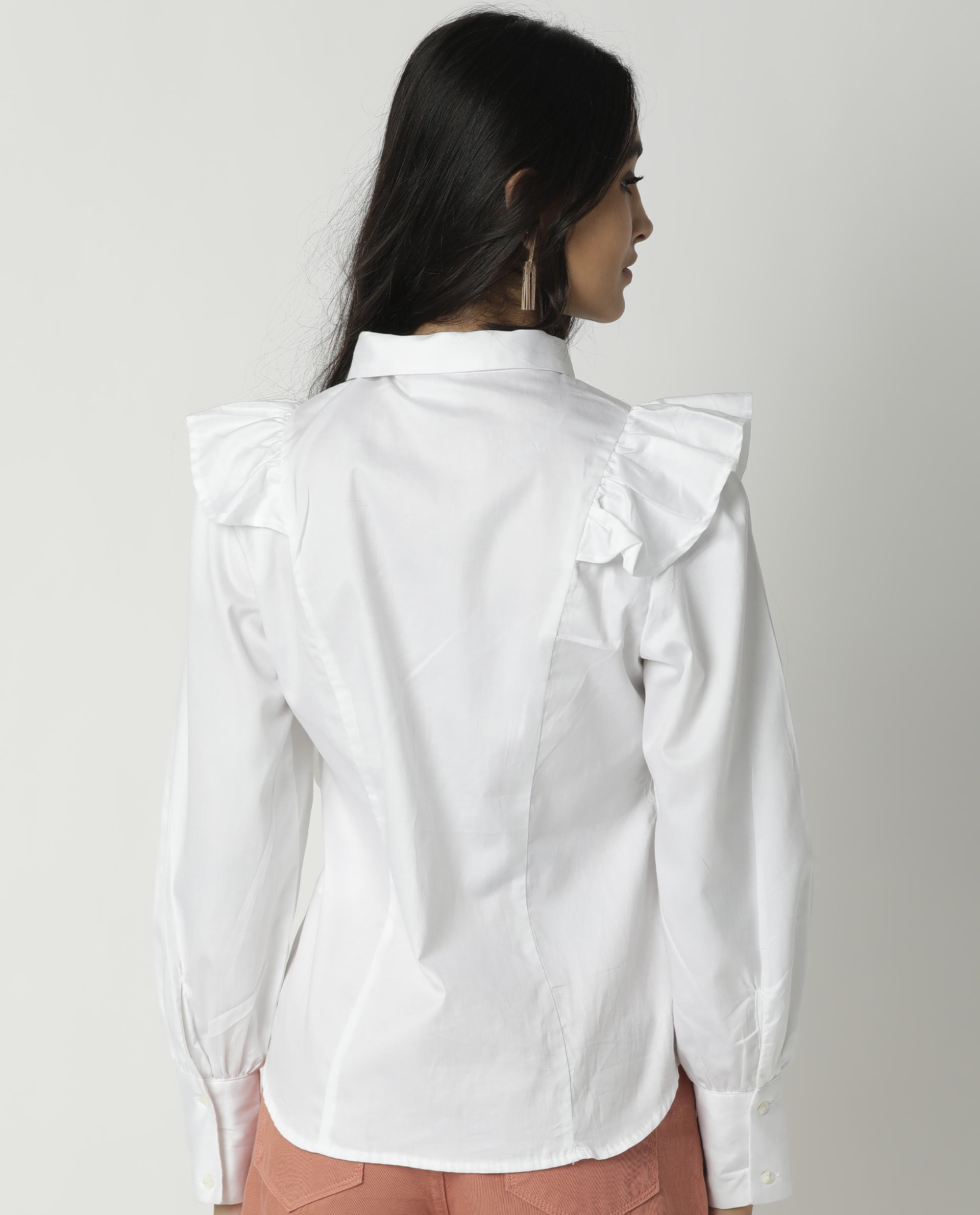 Rareism Womens Fiona White Top Cotton Lycra Fabric Regular Fit Cuffed Sleeve Collared Neck