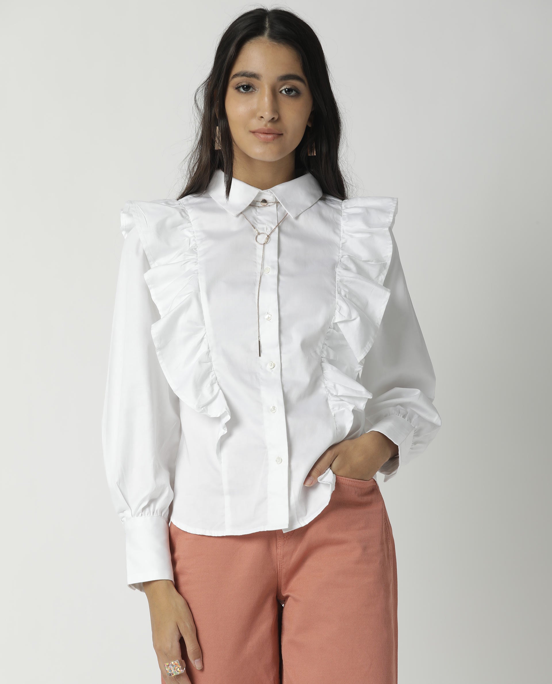 Rareism Womens Fiona White Top Cotton Lycra Fabric Regular Fit Cuffed Sleeve Collared Neck